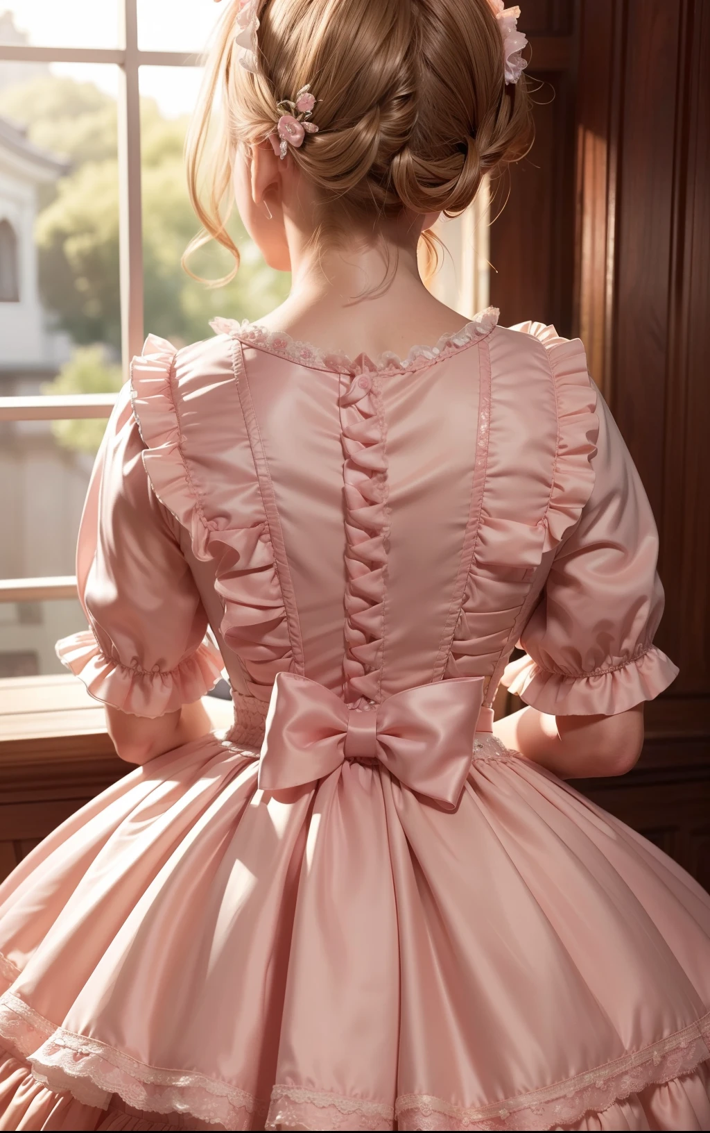 (Masterpiece:1.2), Best quality, A high resolution, Original, (Extremely detailed:1.2), Ultra-detailed, the wallpaper, Perfect lighting,(Extremely detailed CG:1.2), 8K, 1girll, Solo, Short hair, sweetLolita, Pink dress, shiny fabrics, From behind, rear angle, En plein air, day, Anime style