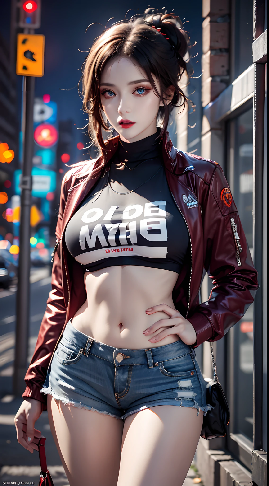 photorealistic, high resolution, 1women, mature female, solo, blue eyes, hips up, ((makeup)),red lips, jacket, t-shirt, shorts, cyberpunk style, night city, neon lights