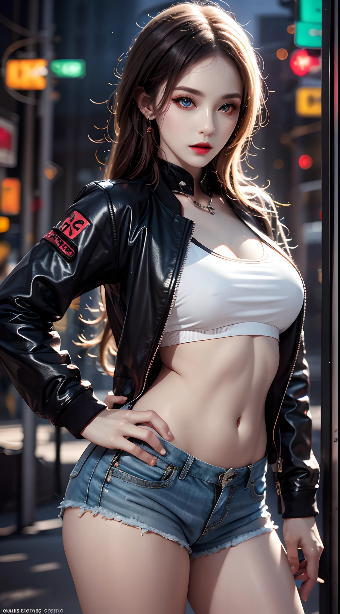 photorealistic, high resolution, 1women, mature female, solo, blue eyes, hips up, ((makeup)),red lips, jacket, t-shirt, shorts, cyberpunk style, night city, neon lights