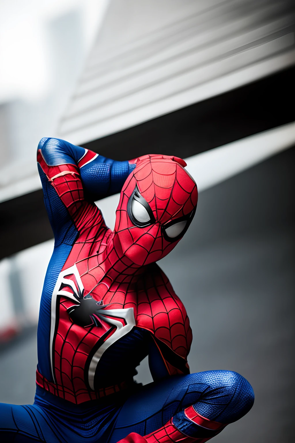 Chinese beauty girl as spiderman, showing of body, photos shoot detailing, realistic, focus light and shadow, high contrast