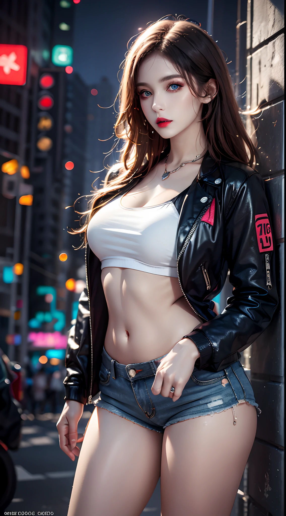 photorealistic, high resolution, 1women, mature female, solo, blue eyes, hips up, ((makeup)),red lips, jacket, t-shirt, shorts, cyberpunk style, night city, neon lights