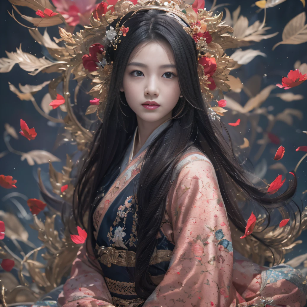 32K（tmasterpiece，k hd，hyper HD，32K）Long flowing black hair，ponds，zydink， a color， Aozhou people （Concubine girl）， （Silk scarf）， Combat posture， looking at the ground， long whitr hair， Floating hair， Carp pattern headdress， Chinese long-sleeved clothing， （abstract ink splash：1.2）， Pink petal background，Pink and white lotus flowers fly（realisticlying：1.4），Black color hair，Fallen leaves flutter，The background is pure， A high resolution， the detail， RAW photogr， Sharp Re， Nikon D850 Film Stock Photo by Jefferies Lee 4 Kodak Portra 400 Camera F1.6 shots, Rich colors, ultra-realistic vivid textures, Dramatic lighting, Unreal Engine Art Station Trend, cinestir 800，Long flowing black hair，Denim skirt