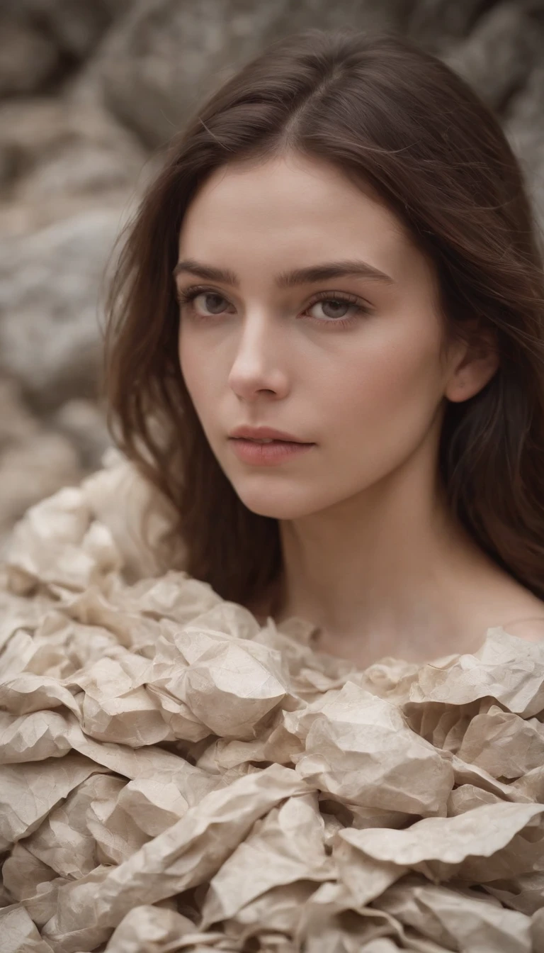 a beautiful girl covered in crumpled paper ,upper body,outer space,dry rocks environment,interstellar,Surrealism,Dreamy dim daylight. Minimalism,emptiness,spaciousness,Faint accent lights,film grain,horror photography,misty and foggy atmosphere,