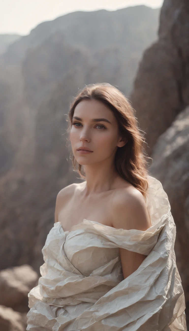 a beautiful girl covered in crumpled paper ,upper body,outer space,dry rocks environment,interstellar,Surrealism,Dreamy dim daylight. Minimalism,emptiness,spaciousness,Faint accent lights,film grain,horror photography,misty and foggy atmosphere,
