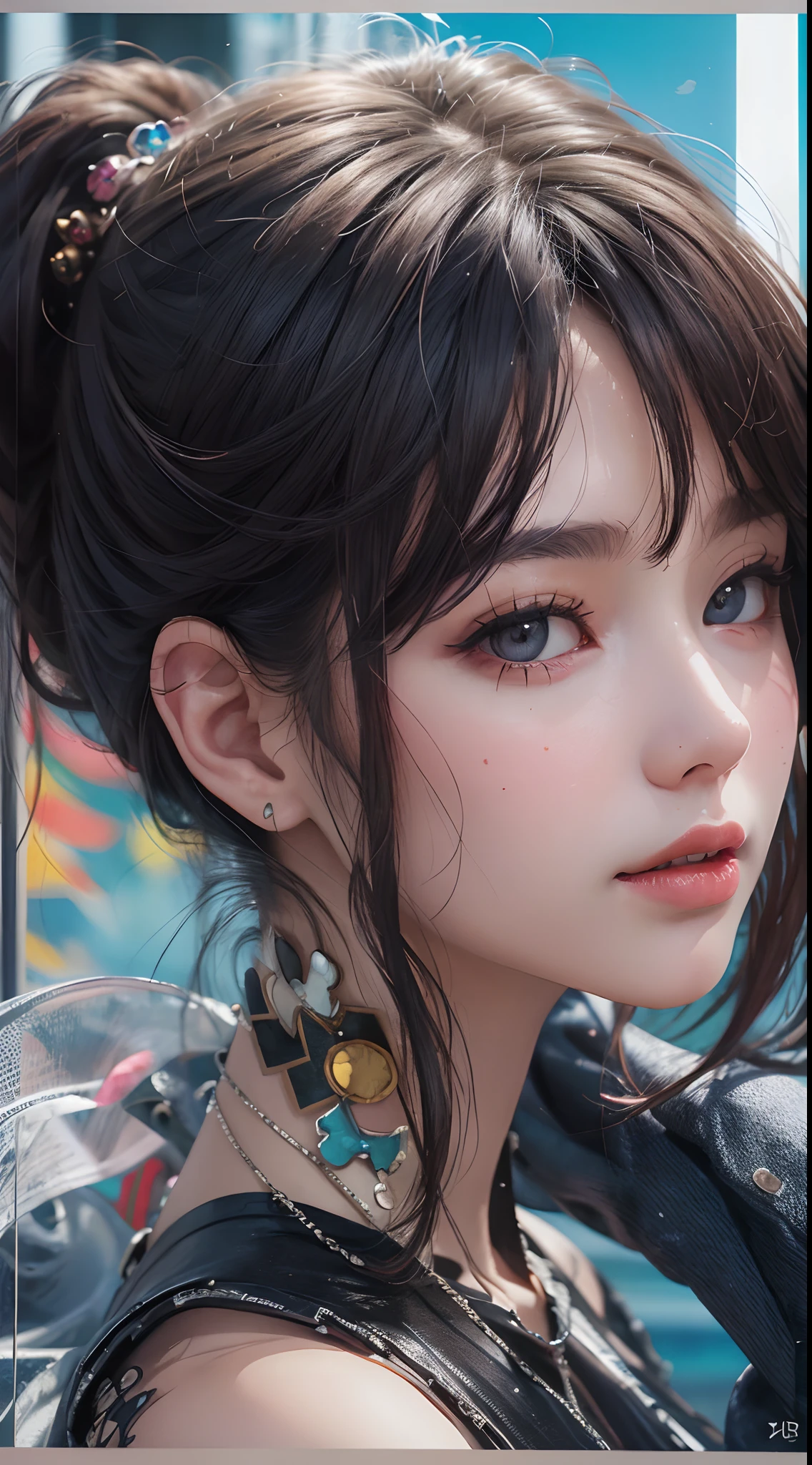 best quality, absurdres,masterpiece,[white|red] hair, Ponytail,blue eyes,white clothes, upper body,close-up,profile,sideways glance,Delicate facial features,simple background,adjusting hair,head tilt,hoop earrings,looking at viewer,looking back,crying with eyes open,sad,
