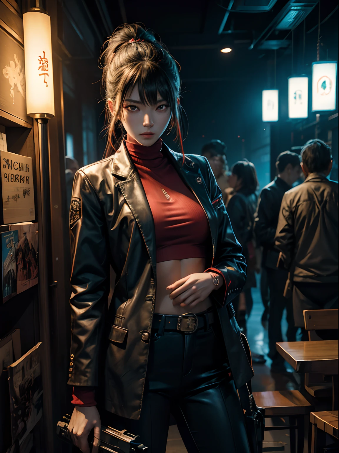 art by:Katsuya Terada, art by:Renji Murata, art by:Akiman, art by:JUNNY, full bodyesbian, Cute slender young Japan killer girl, Scars of battle, Realistic skin type, Some moderate moles, Classic suit jacket, hold a gun, Red Circle Nightclubs in San Diego, Red and blue movie lighting, high-detail、Ray traching、digitial painting、concept-art、smoother、foco nítido、illustratio、8k