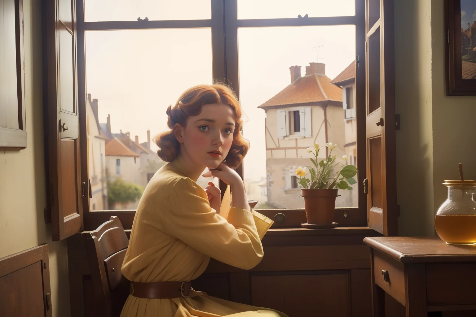 Year: 1944. Location: France. wide shot, pre-raphaelite frenchwoman with honey hair, alone inside the safehouse, looking at the window in fear, ((scared)) ((1940s colorful village clothes)) ((1940s hairstyle)) ((in the style of "OMITB")) ((cinematic style))