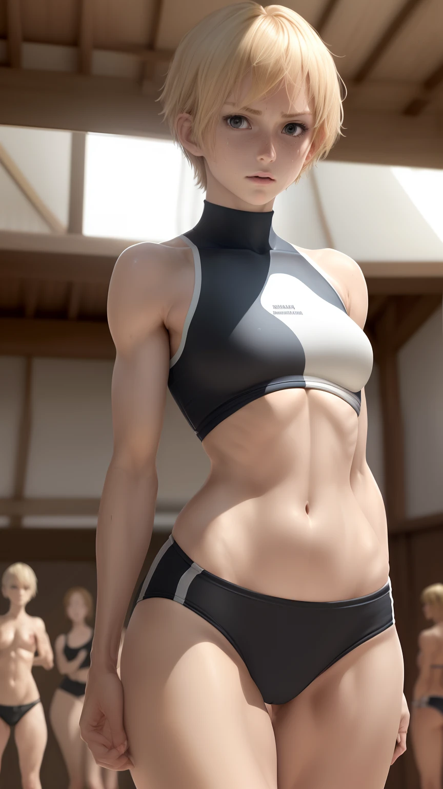 Athlete beauties,Sweating,a blond,short-hair,Navel Look,Small bust pointed chikubi,A slender,Constriction,abdominals,Tough swimming uniform,,(8K, Best Quality, masutepiece:1.2), (Realistic, Photorealsitic:1.37),Best Quality,masutepiece,Unity,extremely delicate and beautiful,Extremely detailed,amazing,finely detail,masutepiece,Best Quality,Official art,huge filesize,Ultra-detailed,hight resolution,Extremely detailed, ,