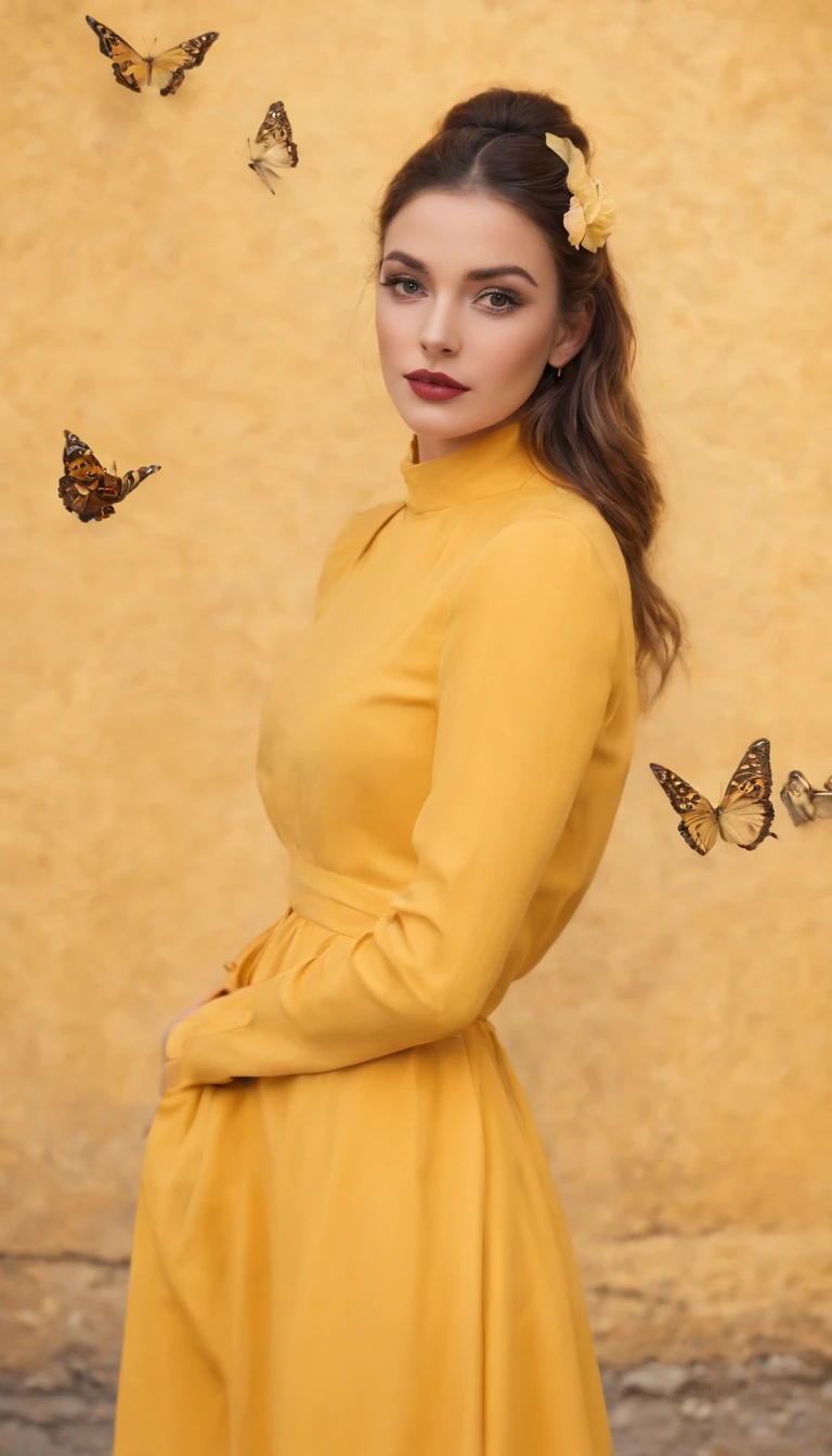 araffe woman in yellow dress standing in front of a wall with butterflies, a portrait inspired by national geographic, pexels contest winner, street art, yellow butterflies, butterflies, yellow clothes, butterfly, fine art fashion photography, harmony of butterfly, butterflies in the foreground, on a yellow canva,fashion photography, shades of yellow, karla ortiz,medium shot