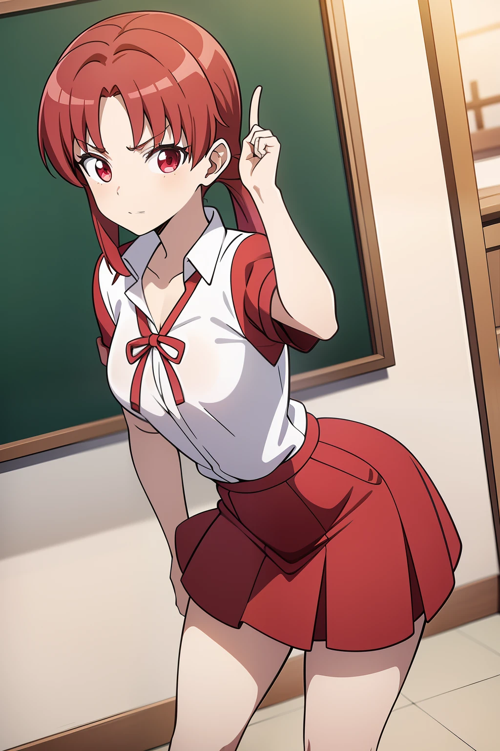 Red hair, female Ranma, beautiful school uniform, best background, badass, focused on face, canvas 2:1 size, small boobs, focus on fingers, beautiful hairs, hide boobs, model pose