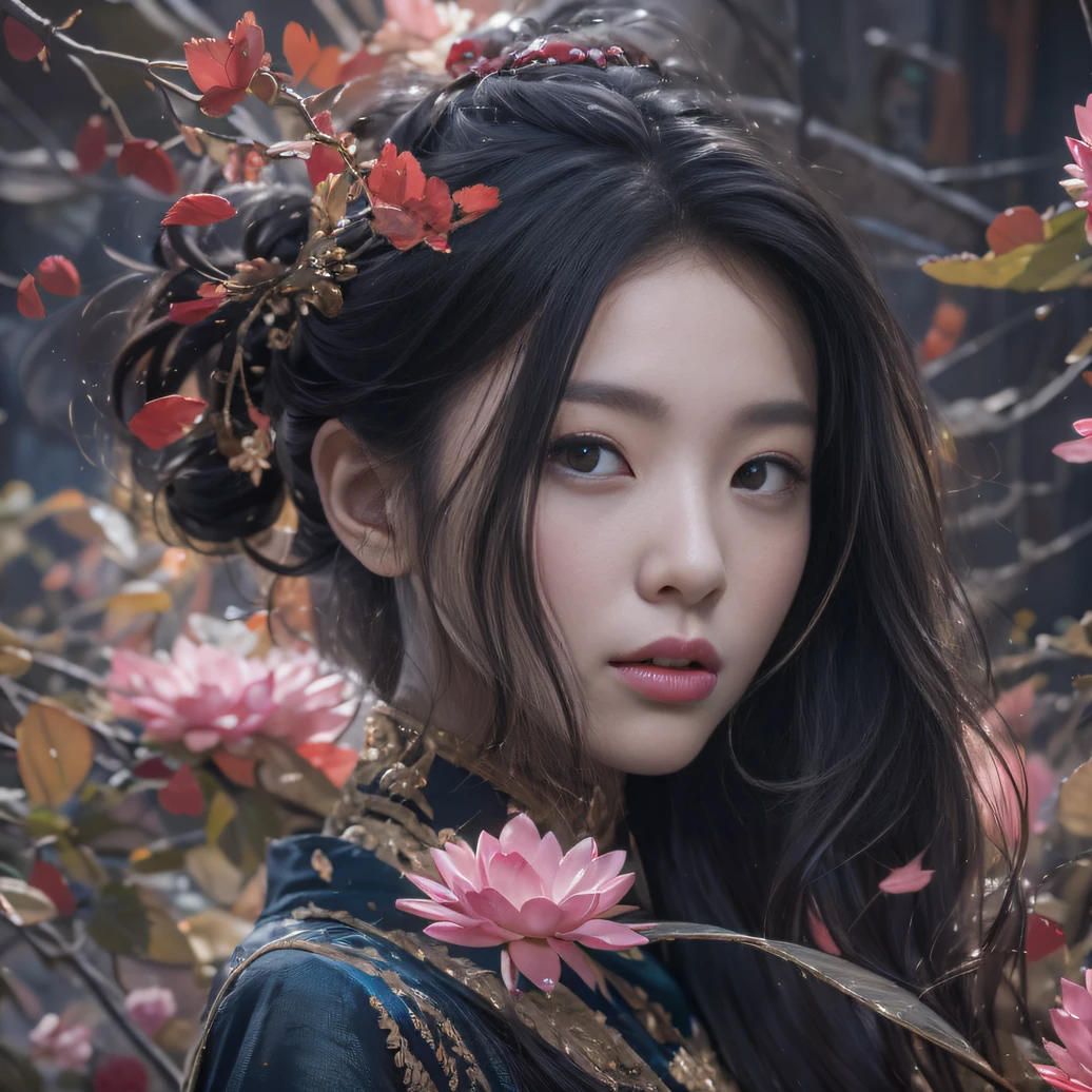 32K(tmasterpiece,k hd,hyper HD,32K)Long flowing black hair,ponds,zydink, a color, Aozhou people (Concubine girl), (Silk scarf), Combat posture, looking at the ground, long whitr hair, Floating hair, Carp pattern headdress, Chinese long-sleeved clothing, (abstract ink splash:1.2), Pink petal background,Pink and white lotus flowers fly(realisticlying:1.4),Black color hair,Fallen leaves flutter,The background is pure, A high resolution, the detail, RAW photogr, Sharp Re, Nikon D850 Film Stock Photo by Jefferies Lee 4 Kodak Portra 400 Camera F1.6 shots, Rich colors, ultra-realistic vivid textures, Dramatic lighting, Unreal Engine Art Station Trend, cinestir 800,Long flowing black hair,Denim skirt