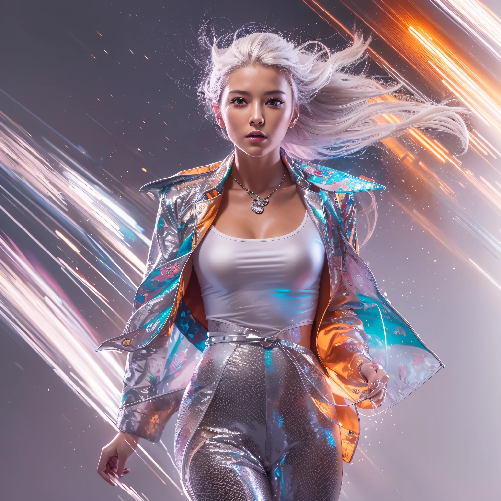 Masterpiece, high resolution,best quality,high definition, perfect composition, perfect face, perfect body, 8K,Cinematic lighting,time travel,On the move,light speed,Dynamic Pose,Silver-haired woman,colorful backdrop,