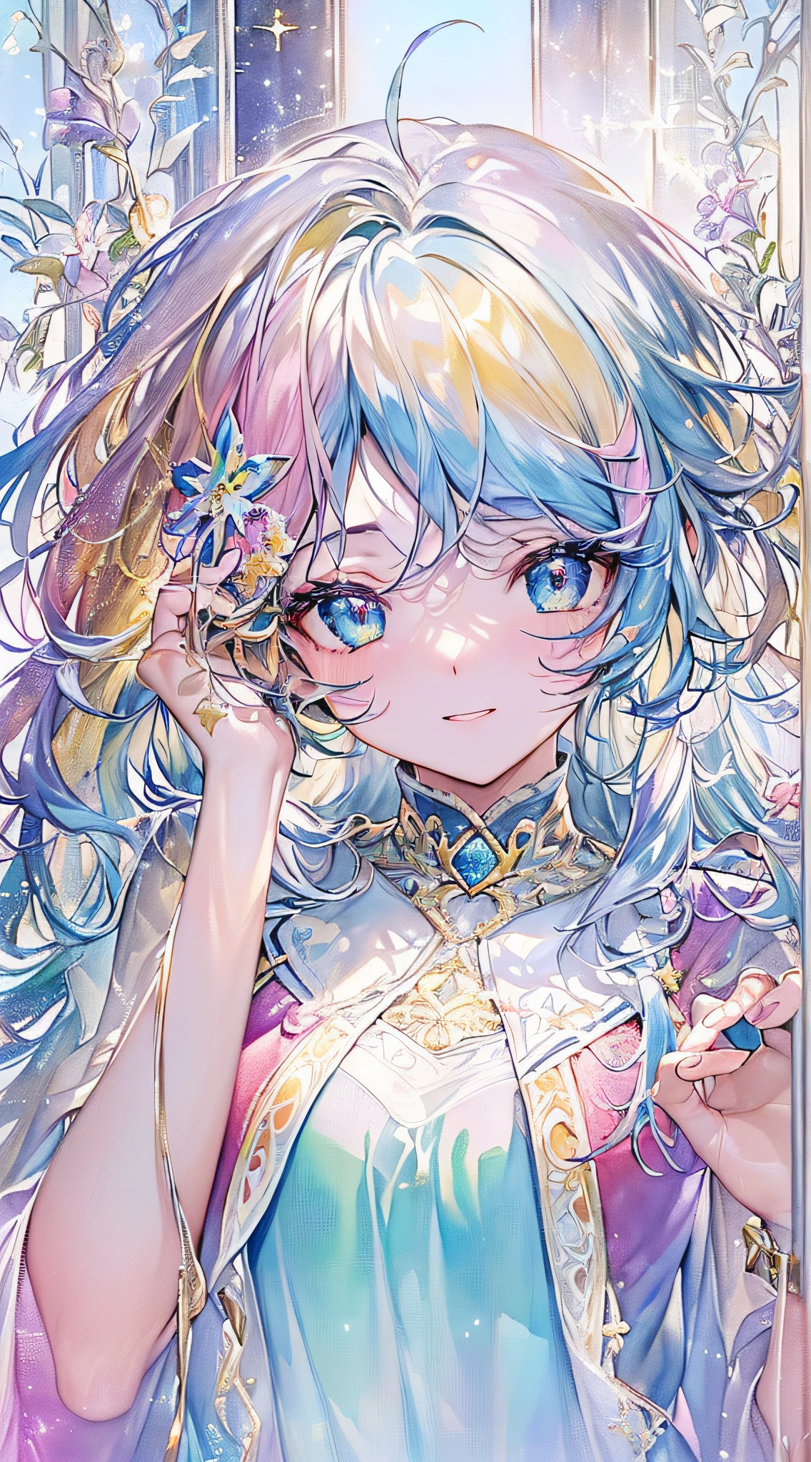 Soft Focus , (Bright gradient watercolor :1.5, Lens Flare:1.5 , Glitter :1.5), Glow , Dreamy , White background、Grid illusion, Colorful, girl、((extremely detailed eye:1.5)),((Face Zoom:1.5)),((Face Focus:1.5)),(((​masterpiece、top-quality、top-quality、watercolor paiting)))(Curly)、Official art、Beautifully Aesthetic:1.2)、eye glass、(Hand and hand heart shape:1.5),(4girl:1.5)、(Fractal Art:1.3)、The upper part of the body、colourfull、((Ultra-detailed retina:1.5))、embarrassed from、(Midriff)、((Super Detail Eyes:1.5))、(rainbow-colored hair、colourful hair、Half blue and half light blue hair:1.5)、((the Extremely Detailed CG Unity 8K Wallpapers、​masterpiece、top-quality))、((ultra-detailliert:1.2))、(The best lighting、Best Shadows、extremely delicate and beautiful)、(the Extremely Detailed CG Unity 8K Wallpapers、​masterpiece、best qualtiy、ultra-detailliert)、(The best lighting、Best Shadows、extremely delicate and beautiful)、(the perfect body:1.5)、((High School Uniforms:1.5)),{{{{Dazzling brilliance}}}}、Rainbow Bridge、(masutepiece:1.2), Best Quality, (Illustration:1.2), (Ultra-detailed), hyperdetails, (delicate detailed), (Intricate details), (Cinematic Light, best quality backlight), solo women, Perfect body, (4girl), (Best Illumination, extremely delicate and beautiful), Cinematic Light、【emblem:Irridescent color 】、Blue sky with white angel wings proportional to body、Sunnyday
