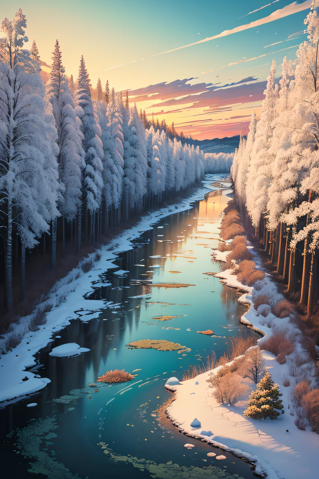 Astonishing landscape artwork, Spring vibes, Fusion between Cell-shading And Alcohol Ink, captivating, enchanting, in the style of Jojos Bizarre adventure and Yuko Shimizu, stylized, anime Art, Skottie Young, Paul Cezanne, Pop art deco, Vibrant, sunrise, little bit rare snow on the ground, river, birches, russia nature