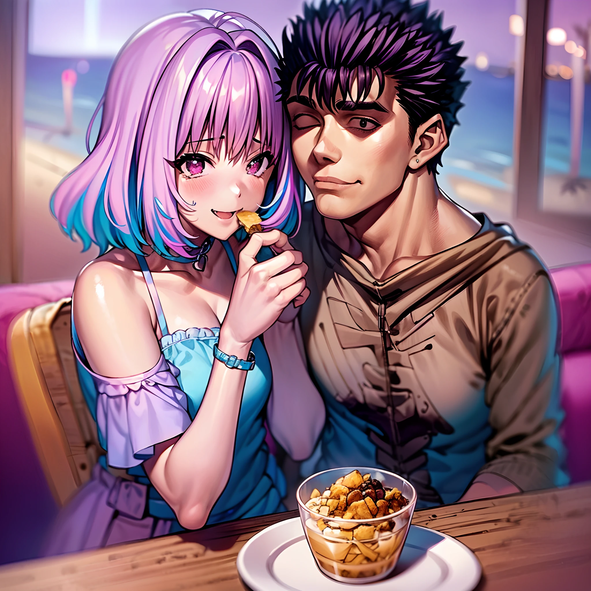 masterpiece, best quality, 1girl, riamu, blue shirt, pleated skirt, solo, simple background, riamu and guts, husband and wife, couple happy in a beach, , purple hair,1boy, in couple, affection, love,relationship, lovey dovey, happy, , smile, , eating food in a restaurant,