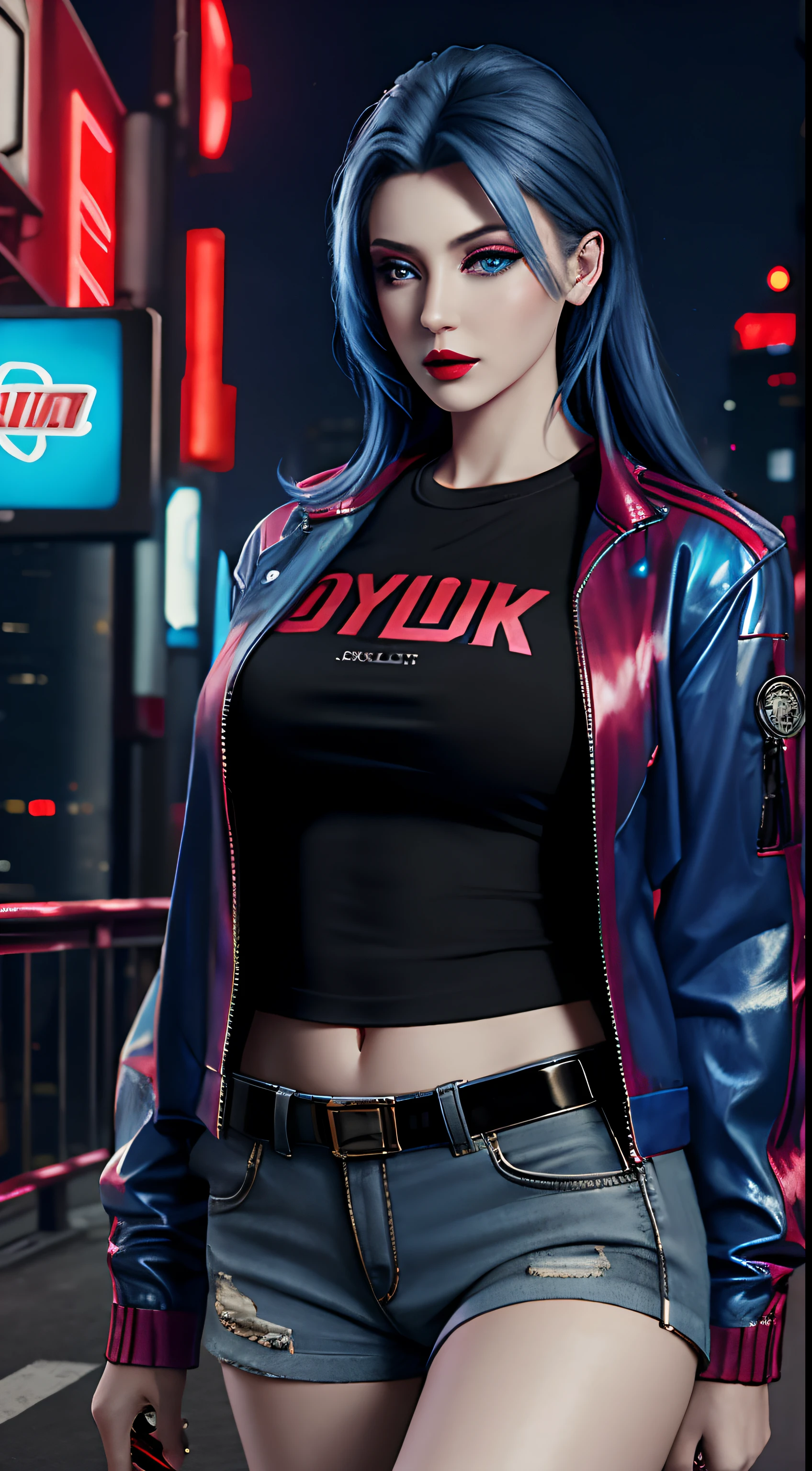 photorealistic, high resolution, 1women, mature female, solo, blue eyes, hips up, ((makeup)),red lips, jacket, t-shirt, shorts, cyberpunk style, night city, neon lights