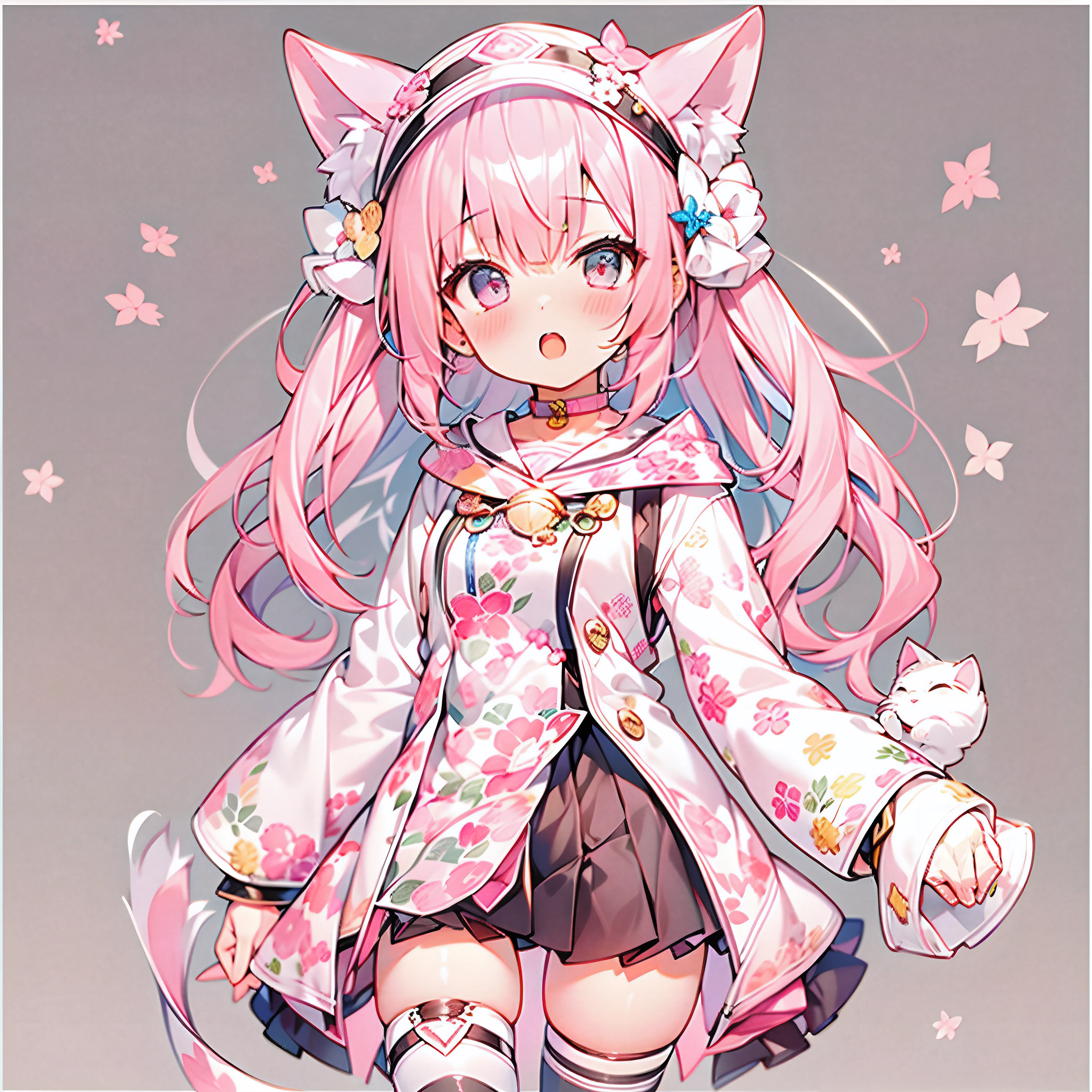 Cute girl with cat ears、Japan anime style、Moe、（full body2.0）、（1 person only 2.1）、（No background 1.8）、Authentic and highly detailed body、小柄、girl with、childish、ers old、length hair、bangss、A pink-haired、Authentic and highly detailed face、beautiful eyes that are authentic and highly detailed,、 Authentic and very delicate arms and hands、Authentic and highly detailed human hands（5 fingers）、The most beautiful girl in the world、Delicate and beautiful pink cat eyes、Authentic skin texture、Plain clothe、lolita、a miniskirt、（Authentic and highly detailed pink stockings 2.5）、（Authentic and highly detailed long boots 1.5）