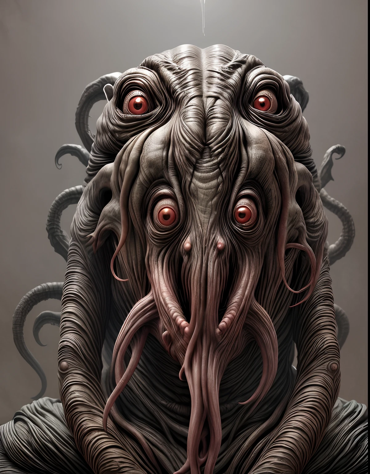 a close up of a creepy intense looking creature with a large mouth, eerie highly detailed, creepy mutant flesh creature, highly detailed horror, horror!! highly detailed, ominous creature hiding detailed, hyper realistic fantasy monster, highly detailed creature, detailed creature, creature bust, detailed 4k horror artwork, tooth wu : : quixel megascans, made with zbrush, scary creature, cinematic light, light from below, ((in the dark))