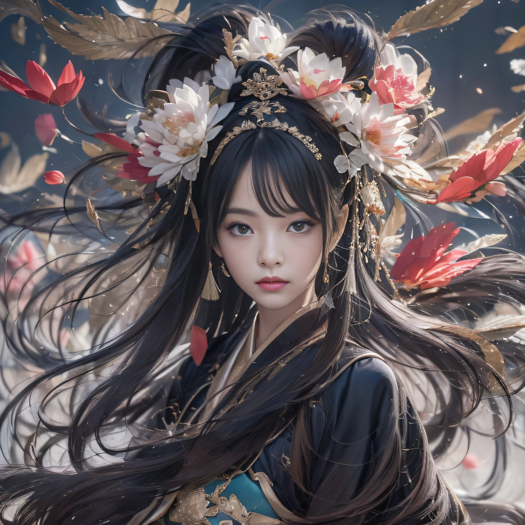 32K（tmasterpiece，k hd，hyper HD，32K）Long flowing black hair，ponds，zydink， a color， Aozhou people （Concubine girl）， （Silk scarf）， Combat posture， looking at the ground， long whitr hair， Floating hair， Carp pattern headdress， Chinese long-sleeved clothing， （abstract ink splash：1.2）， Pink petal background，Pink and white lotus flowers fly（realisticlying：1.4），Black color hair，Fallen leaves flutter，The background is pure， A high resolution， the detail， RAW photogr， Sharp Re， Nikon D850 Film Stock Photo by Jefferies Lee 4 Kodak Portra 400 Camera F1.6 shots, Rich colors, ultra-realistic vivid textures, Dramatic lighting, Unreal Engine Art Station Trend, cinestir 800，Long flowing black hair，Denim skirt