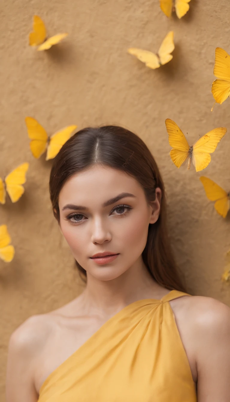 araffe woman in yellow dress standing in front of a wall with butterflies, ((upper body)),a portrait inspired by national geographic, pexels contest winner, street art, yellow butterflies, butterflies, yellow clothes, butterfly, fine art fashion photography, harmony of butterfly, butterflies in the foreground, on a yellow canva,fashion photography, shades of yellow, karla ortiz,