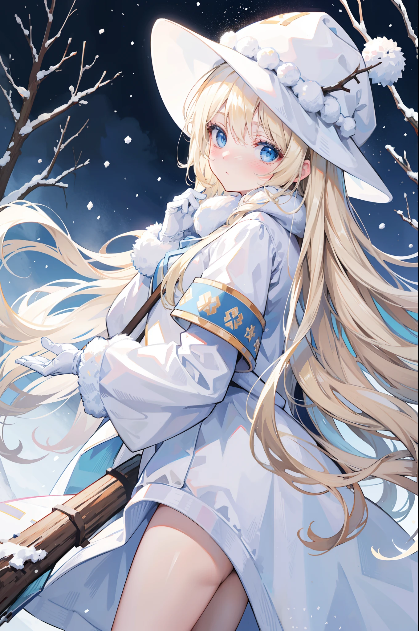 thick clothes,Fluffy clothes,beige gloves,light blue clothes,white skin,blue eye, blond long hair,snow scene,snowing,nose blush,leaning forward,fluffy hat,dead tree,fantastic background,Majestic atmosphere,standing in the center,from_side,