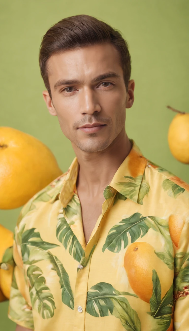 Handsome man wearing tropical fruit shirt on yellow background, cool style, mixed pattern, marble texture, animated GIF, Harlem Renaissance, naturalistic bird portrait, light green and orangutan, (medium shot)