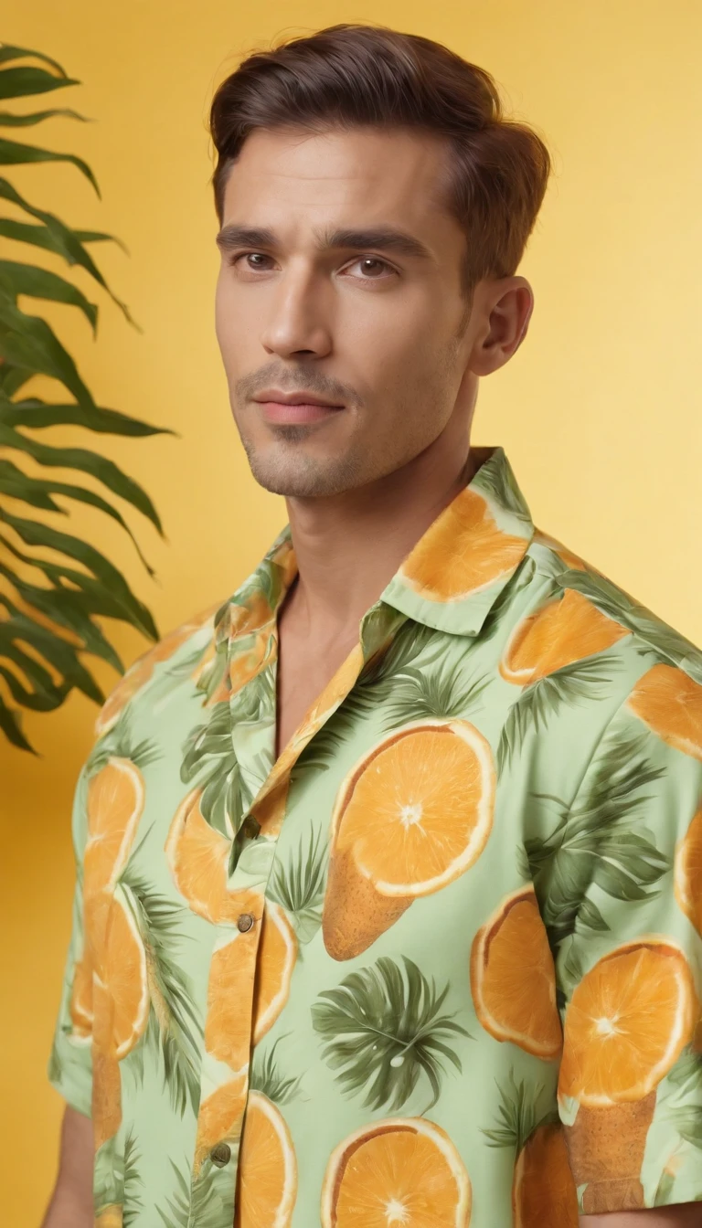 Handsome man wearing tropical fruit shirt on yellow background, cool style, mixed pattern, marble texture, animated GIF, Harlem Renaissance, naturalistic bird portrait, light green and orangutan, (medium shot)