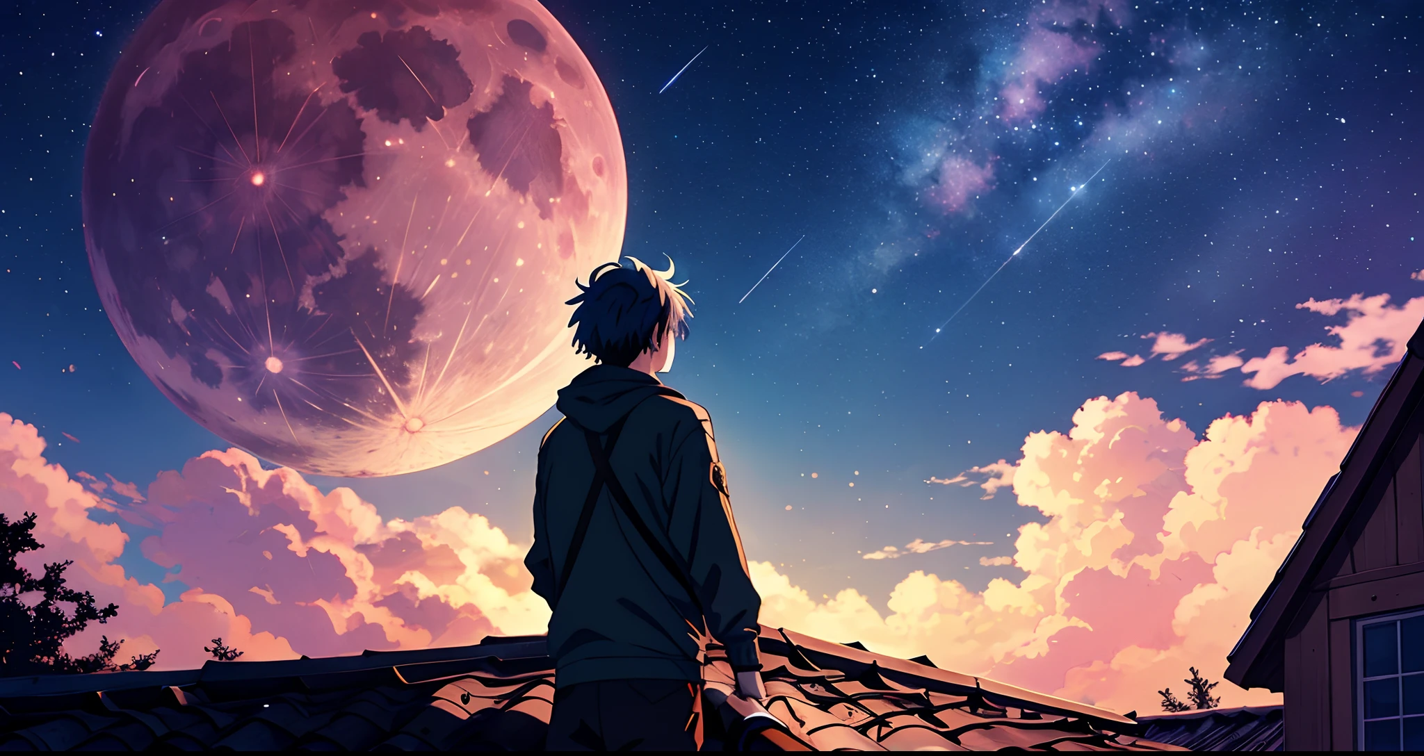 depressed anime boy standing on the Roof, is watching the full moon night sky with stars (4k ultra HD ratio 1:1)