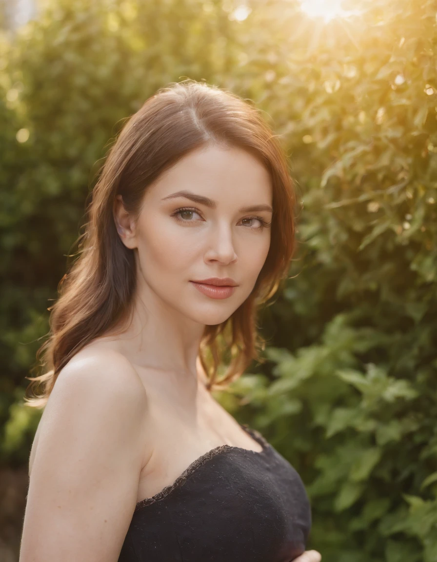 pregnant woman , garden background, sunny day, close up shot, high quality photo