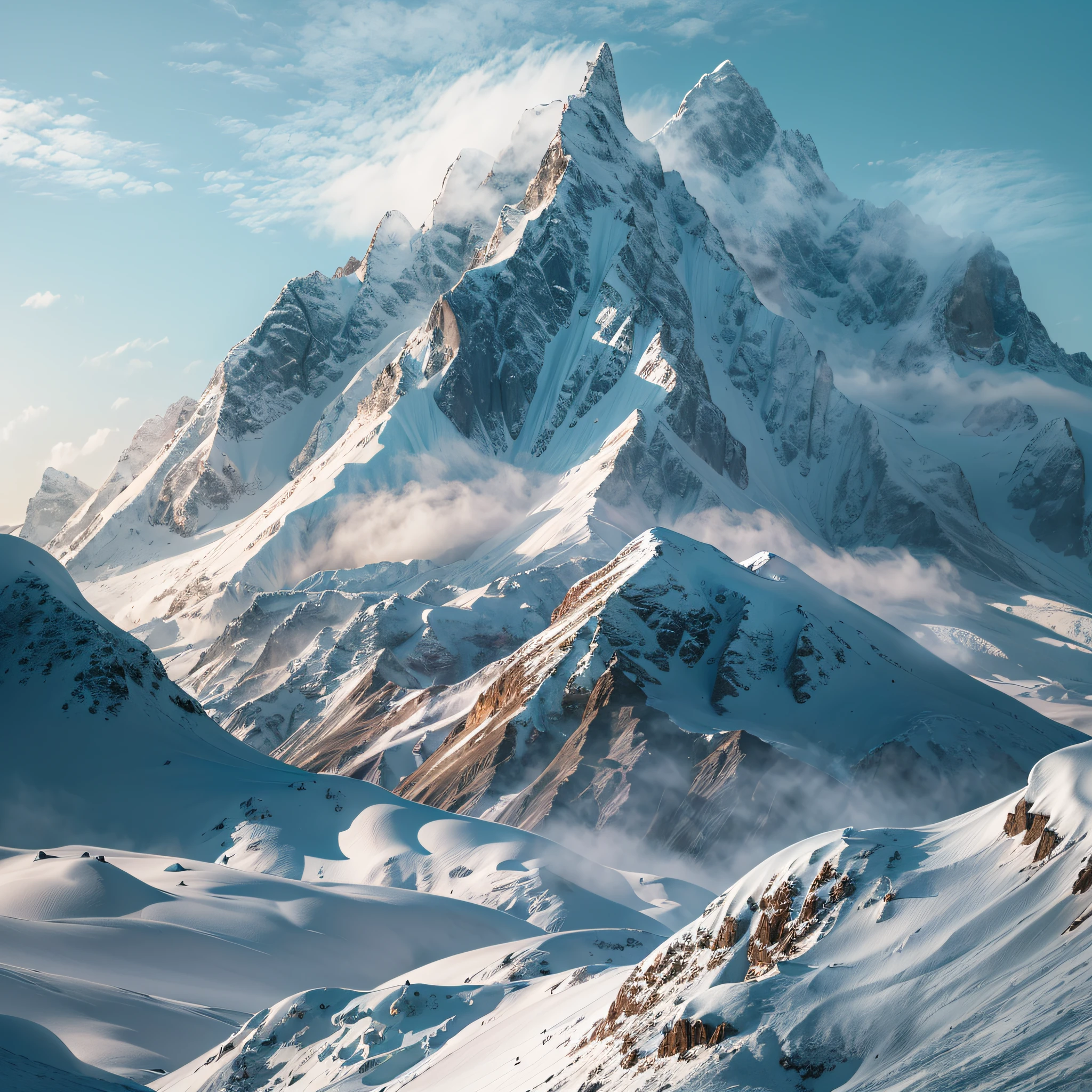 Masterpiece, high resolution，best quality，high definition, perfect composition, 8K，Cinematic lighting，Snowy mountain view，Photo for poster，Contest Gold Prize，Sunshine，A world of white silver，The sky is a beautiful blue sky，Sheer Mountains々，Mountain only，light and dark，highly contrast，Slope in the foreground，The Mountain of the Three Sons in the back，