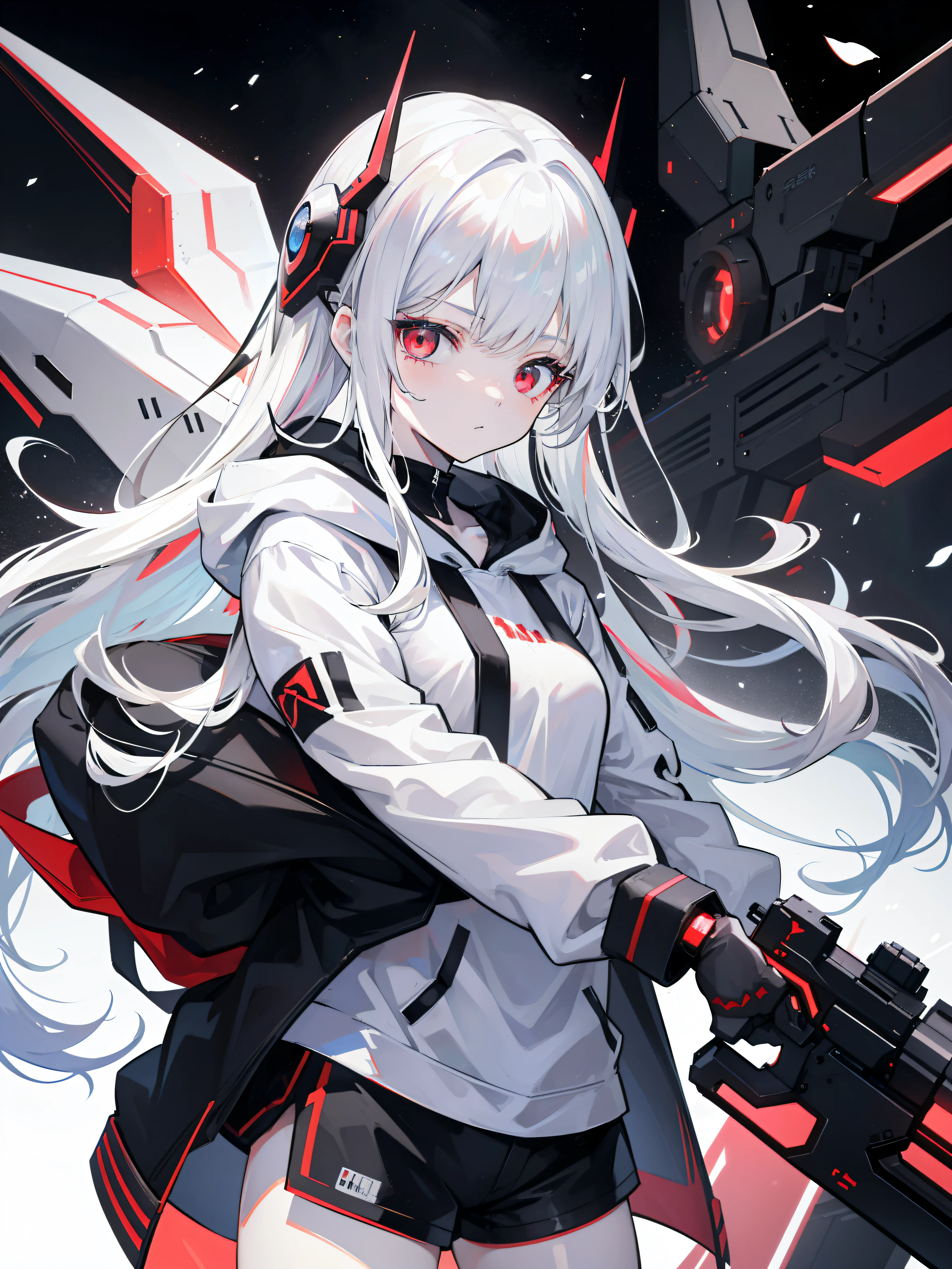 The plain muscles are pale,pale skin,pale complexion,pale-skinned girl,fair skin
White hair,white hair,snow white hair,pale blonde hair
Black hoodie,black hoodie,black hooded coat,black hoodie jacket
White flowers,white flower,pure white flowers
Flowers on the head,flowers on the head,flowers adorned on the head
双尾,two ponytails,double ponytails,two pigtails
,lolityle,cute and youthful style,lolita fon
Solo,solo performance,solo recital
(best quality,4k,8k,highres,masterpiece:1.2),highest quality image,4K or 8K resolution,high-resolution artwork
Super detail,ultra-detailed,extremely detailed depiction
illustration,illustration,artistic illustration
Detailed light,detailed lighting,precise lighting
Red eyes,red eyes,glistening red eyes,fierce red eyes
Long hair,long hair flowing,loose long hair
Shorts,short shorts,cut-off shorts
There is a power gun on the back,a futuristic gun at the back,a powerful gun on her back
Anime mecha beauty pictures,anime mech girl illustration,mecha girl artwork from an anime
8K的,detailed and sharp,high resolution and ultra-detailed,crystal clear and sharp
Equal-scale pictures,proportional image,image with perfect proportions