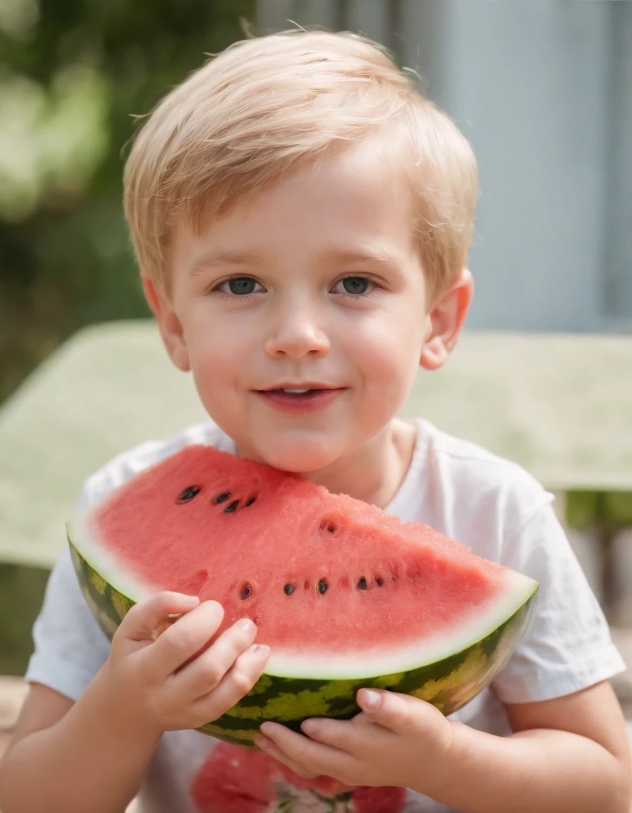 blond boy eating watermelon, medium close up shot, sunny day, high quality photo