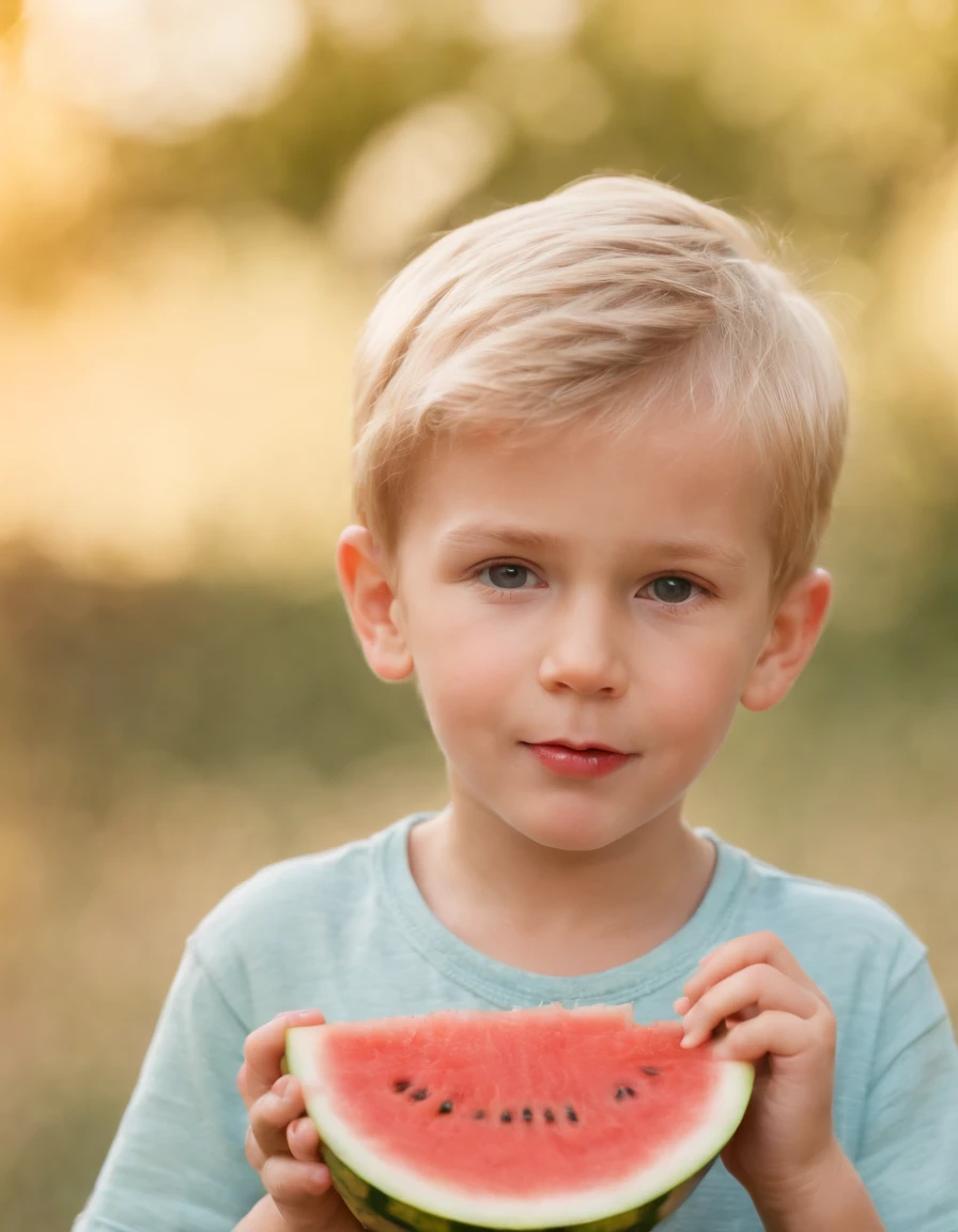 little blond boy eating watermelon, medium close up shot, sunny day, high quality photo