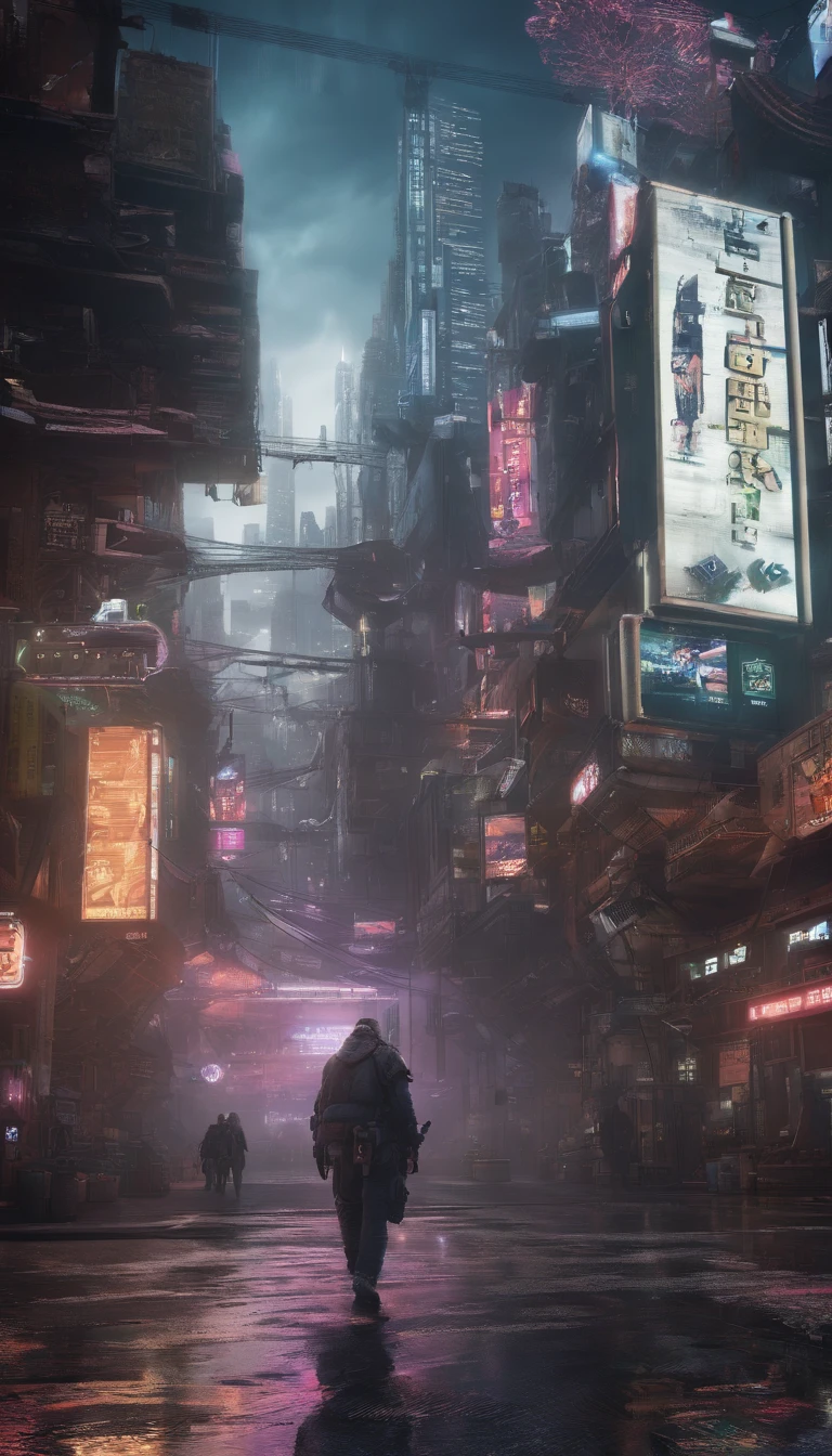 Cyberpunk style scientist,Semi-mechanized scientist,Combat posture,majestic-looking,The feeling of moving forward,Stunning colors。Set in a futuristic cyberpunk style city,the street,People with blurred vision,(Movie lighting),(light and shadow effect),(unreal-engine),(Tyndall),(cinema4d),(Super futuristic fantasy style),(8k wallpaper),(tmasterpiece),(Photography Award),realisticlying