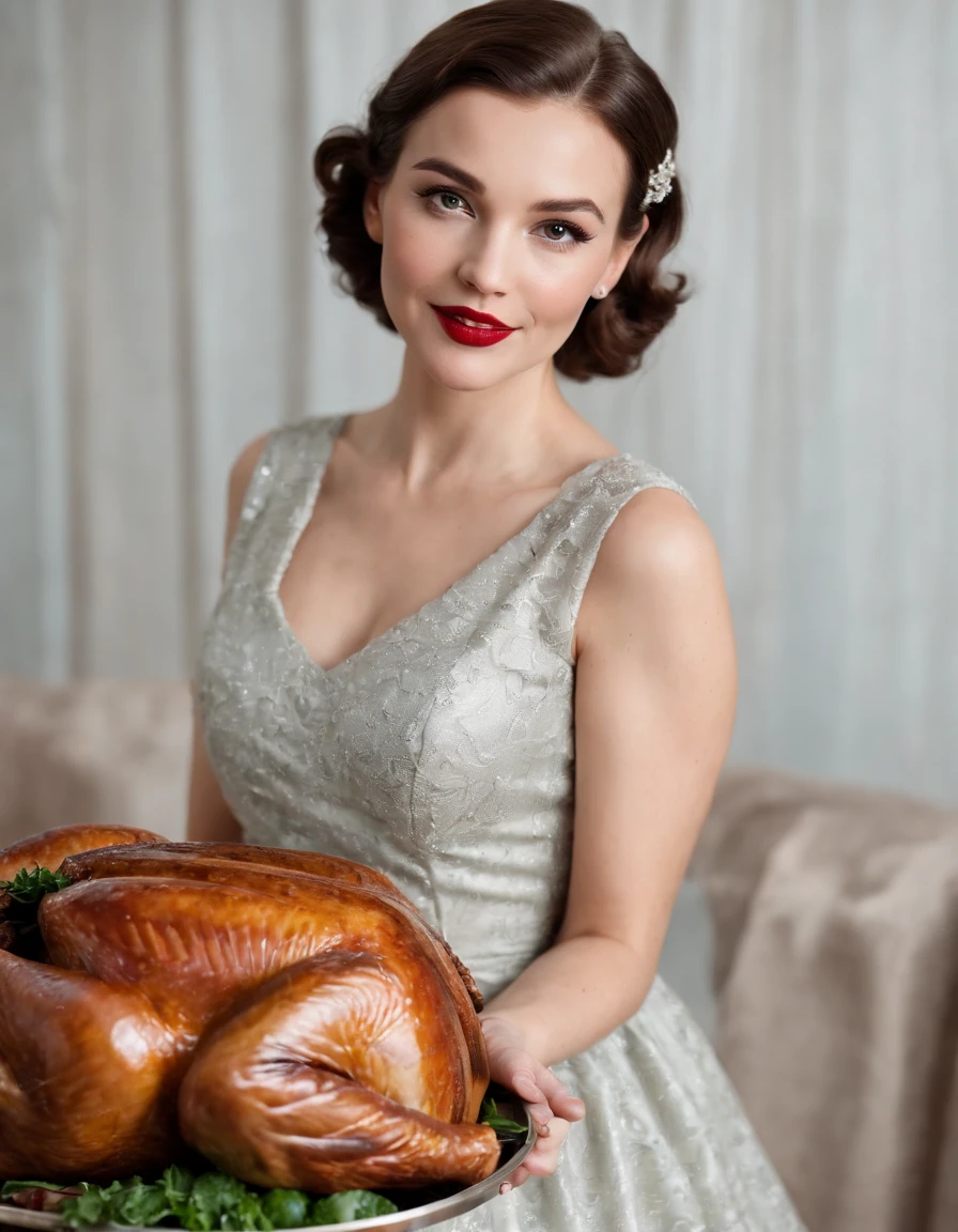 woman in retro 50s dress, holds tray with stuffed turkey, framing turkey close up, high quality photo