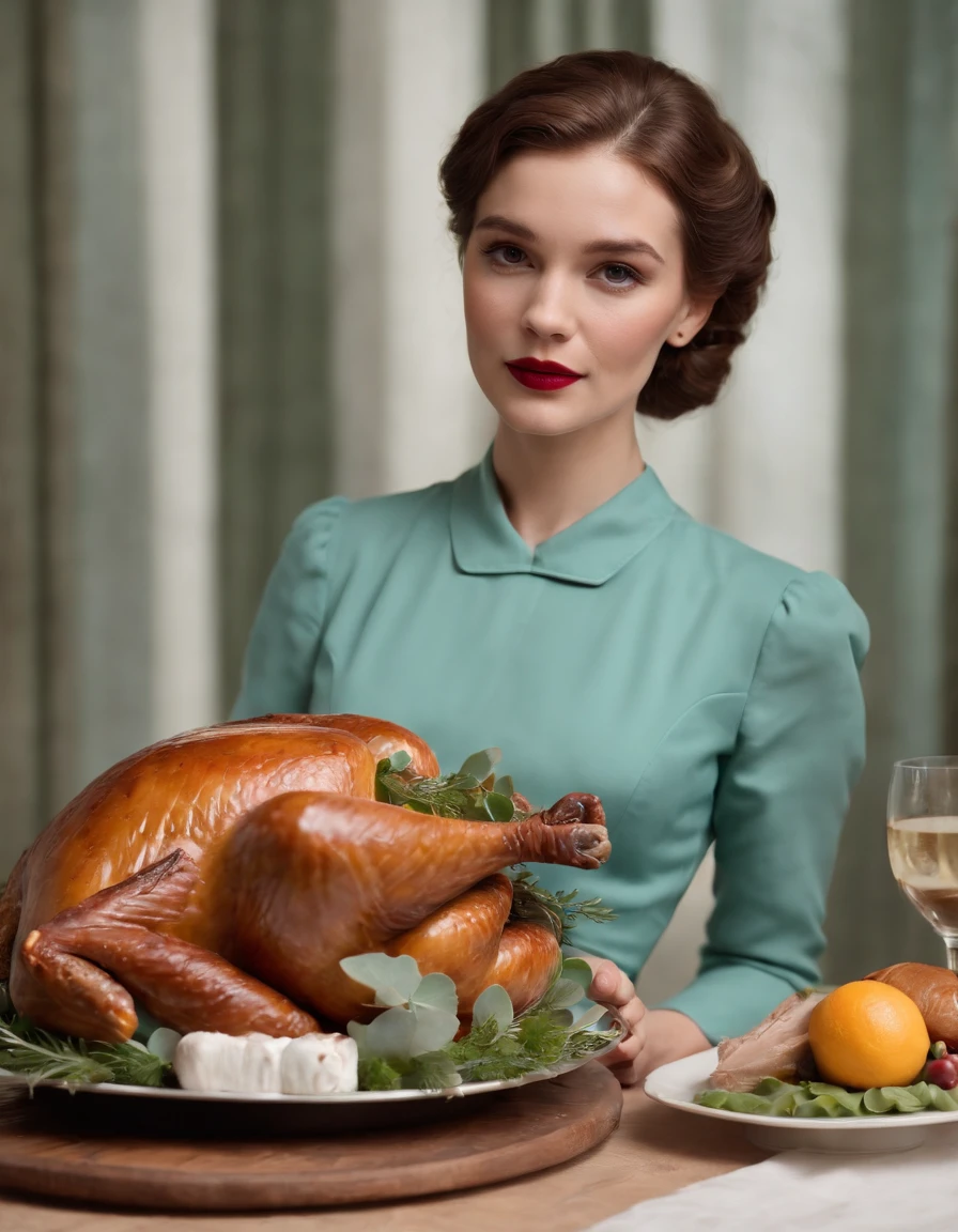 woman in retro 50s dress, holds tray with stuffed turkey, framing turkey close up, high quality photo