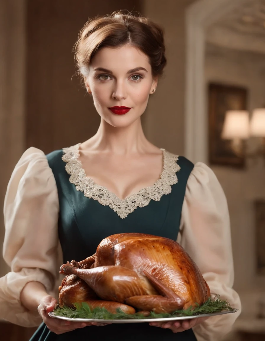 woman in retro 50s dress, holds tray with stuffed turkey, framing turkey close up, high quality photo