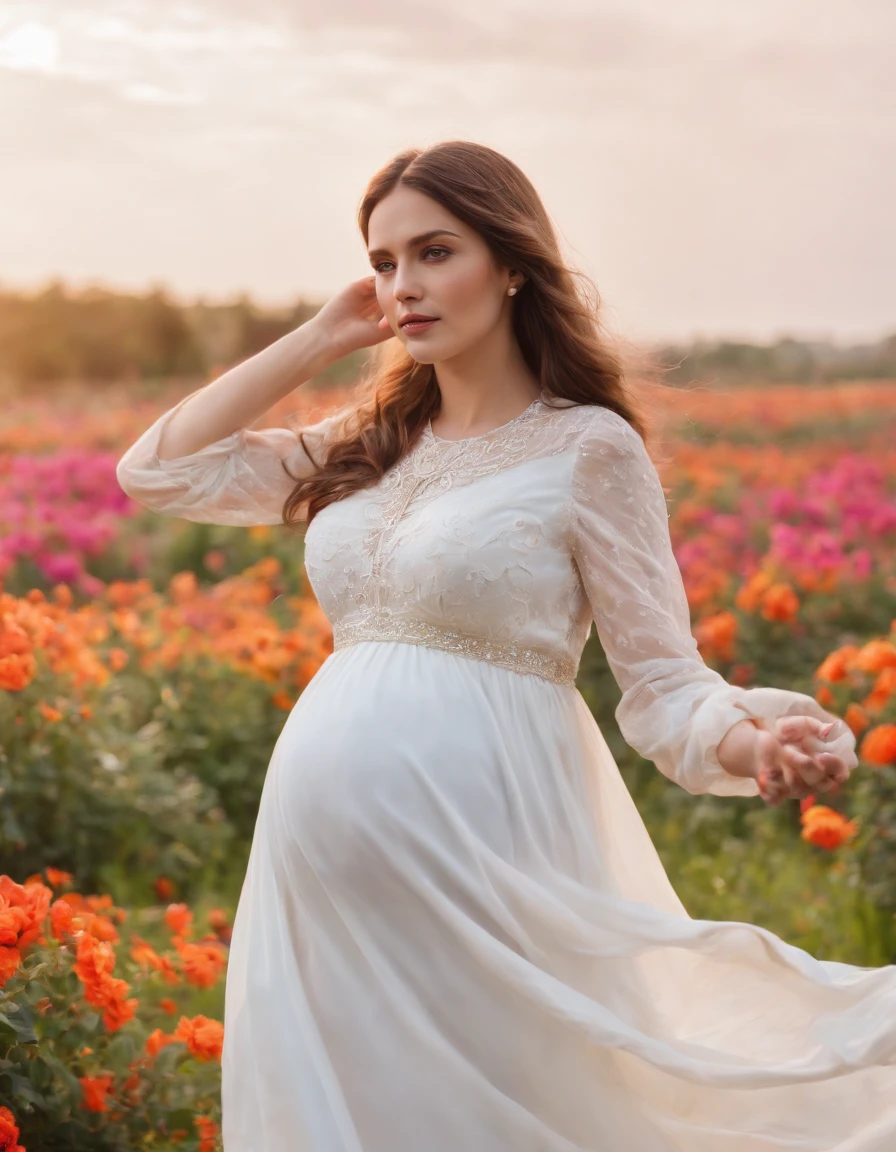 Cowboy Shot,Medium Long Shot,pregnant woman,Beautiful girl, Stand with your hands dangling, long hair flowing with the wind, In the middle of colorful flower beds, White dress