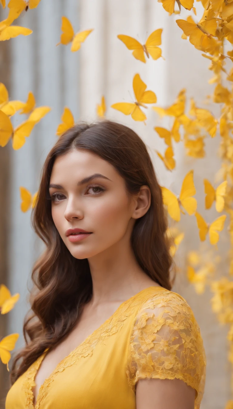 araffe woman in yellow dress, ((upper body)),a portrait inspired by national geographic, pexels contest winner, street art, yellow butterflies, butterflies, yellow clothes, butterfly, fine art fashion photography, harmony of butterfly, butterflies in the foreground, on a yellow canva,fashion photography, shades of yellow, karla ortiz,
