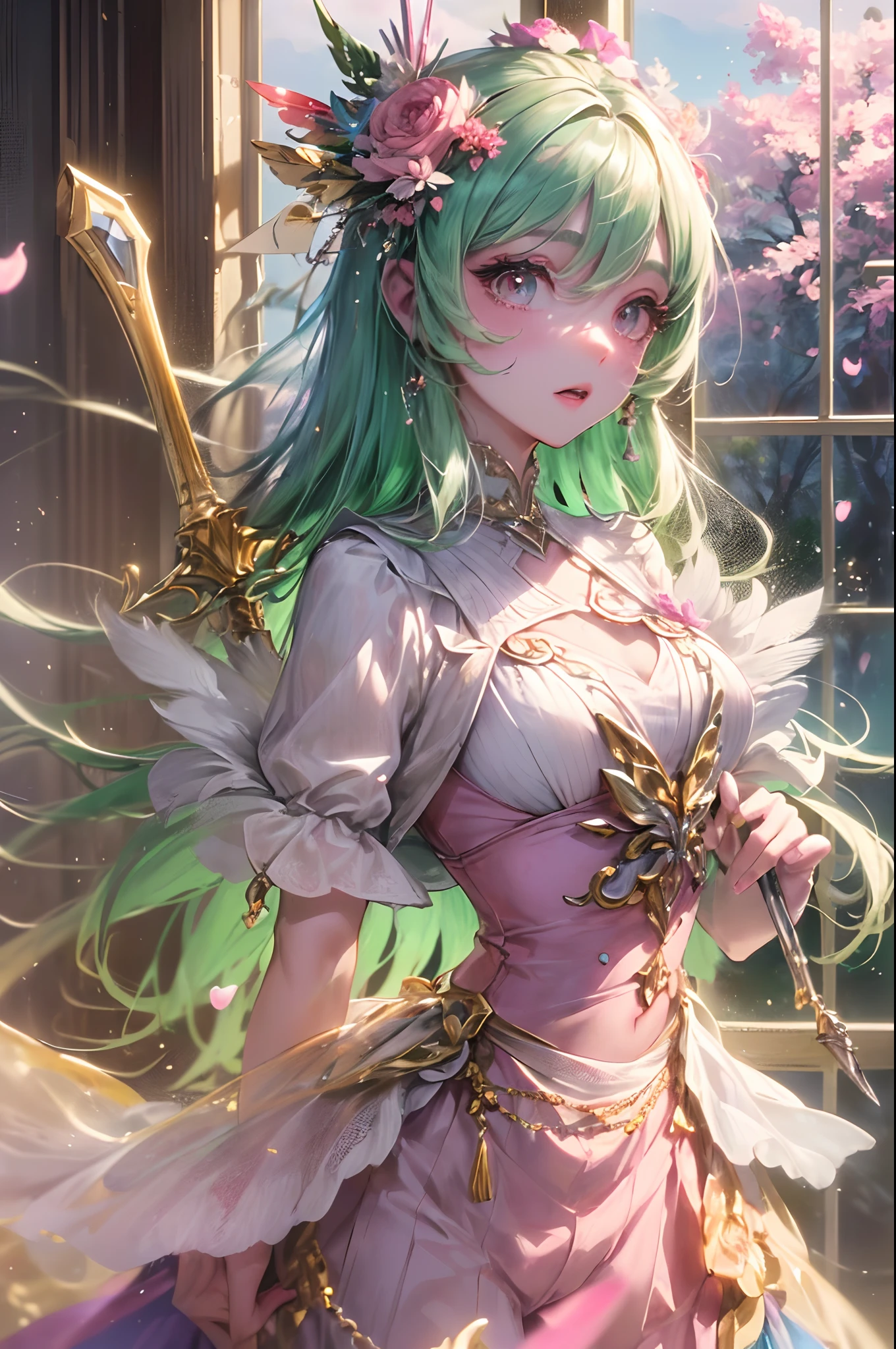 ((a masterpiece)), better quality, ultra-detailed textures, perfect lighting, perfect shadow effects, a beautiful young woman with green hair and pink locks in her right side hair, dynamic angulation, dynamic pose, brown eyes, white clothing.