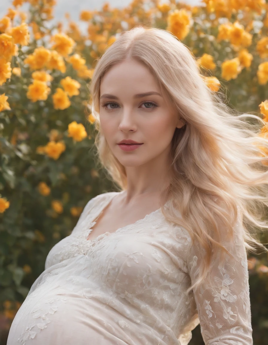 Close-up photo of a pregnant woman, Beautiful pregnant woman, Stand with your hands dangling, long hair flowing with the wind, In the middle of colorful flower beds, White dress,((with short golden hair)),beautiful flowers