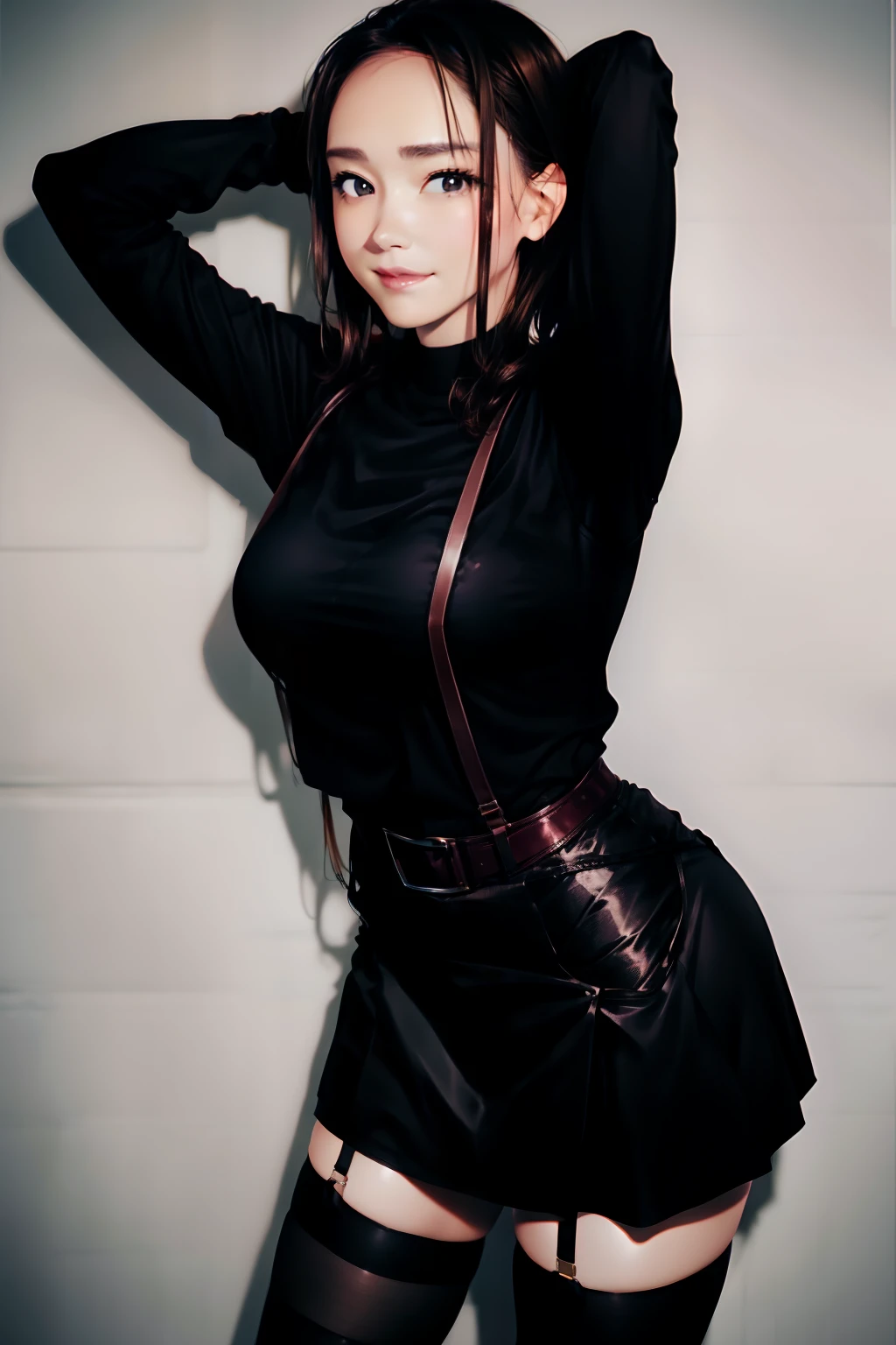 Black skirt, suspenders, Brown hair Gray eyes, Garter belt on the legs, Tight black clothes, a belt Armpit sweat Dark look Moderately breasts holster chain poneyTail