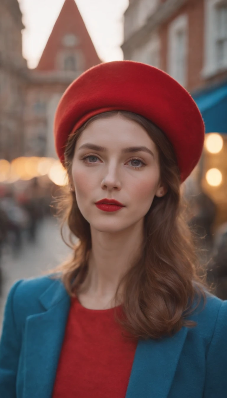 wes anderson style photo, 35mm film, girl dressed in red with blue shoes and hat, golden light, serene faces, distinctive noses, cityscape photographer,half body shot,