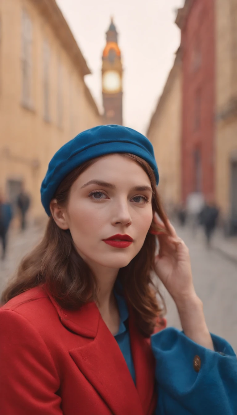 wes anderson style photo, 35mm film, girl dressed in red with blue shoes and hat, golden light, serene faces, distinctive noses, cityscape photographer,half body shot,