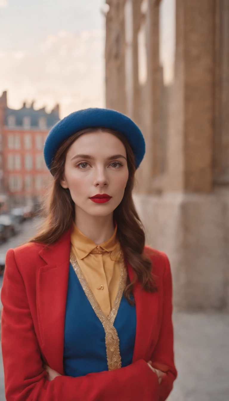 wes anderson style photo, 35mm film, girl dressed in red with blue shoes and hat, golden light, serene faces, distinctive noses, cityscape photographer,half body shot,