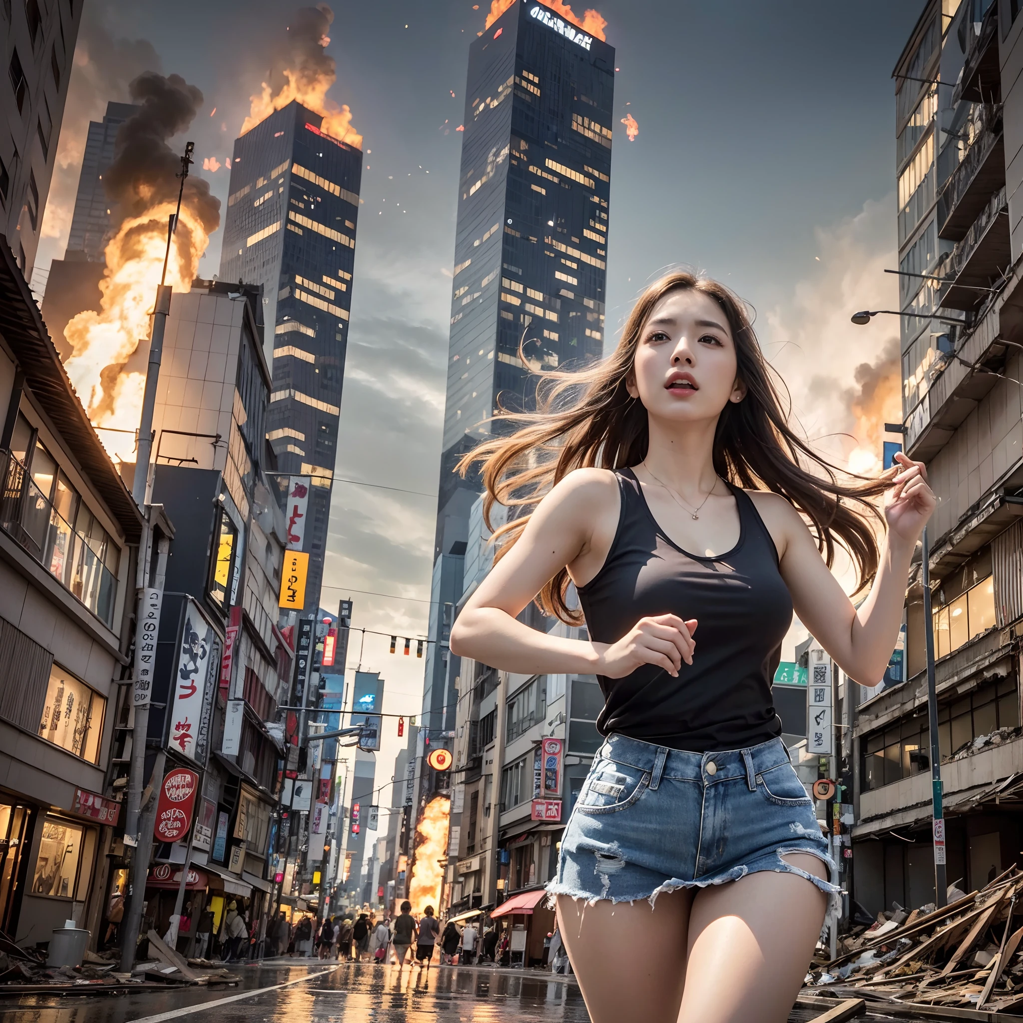 (in 8K、RAW Photos、top-quality、masterpiece:1.2)、(realisitic、Photorealsitic:1.37)、ultra-detailliert、超A high resolution、movie『Godzilla Godzilla』Heroine of、Women in Japan desperately fleeing Godzilla in devastated Tokyo、dishevled hair、The tank top is dirty、Torn skirt、Running through the rubble、building crumbling、Burning flame、de pele branca、slick skin、stunningly beautiful face、dynamic ungle、动态照明