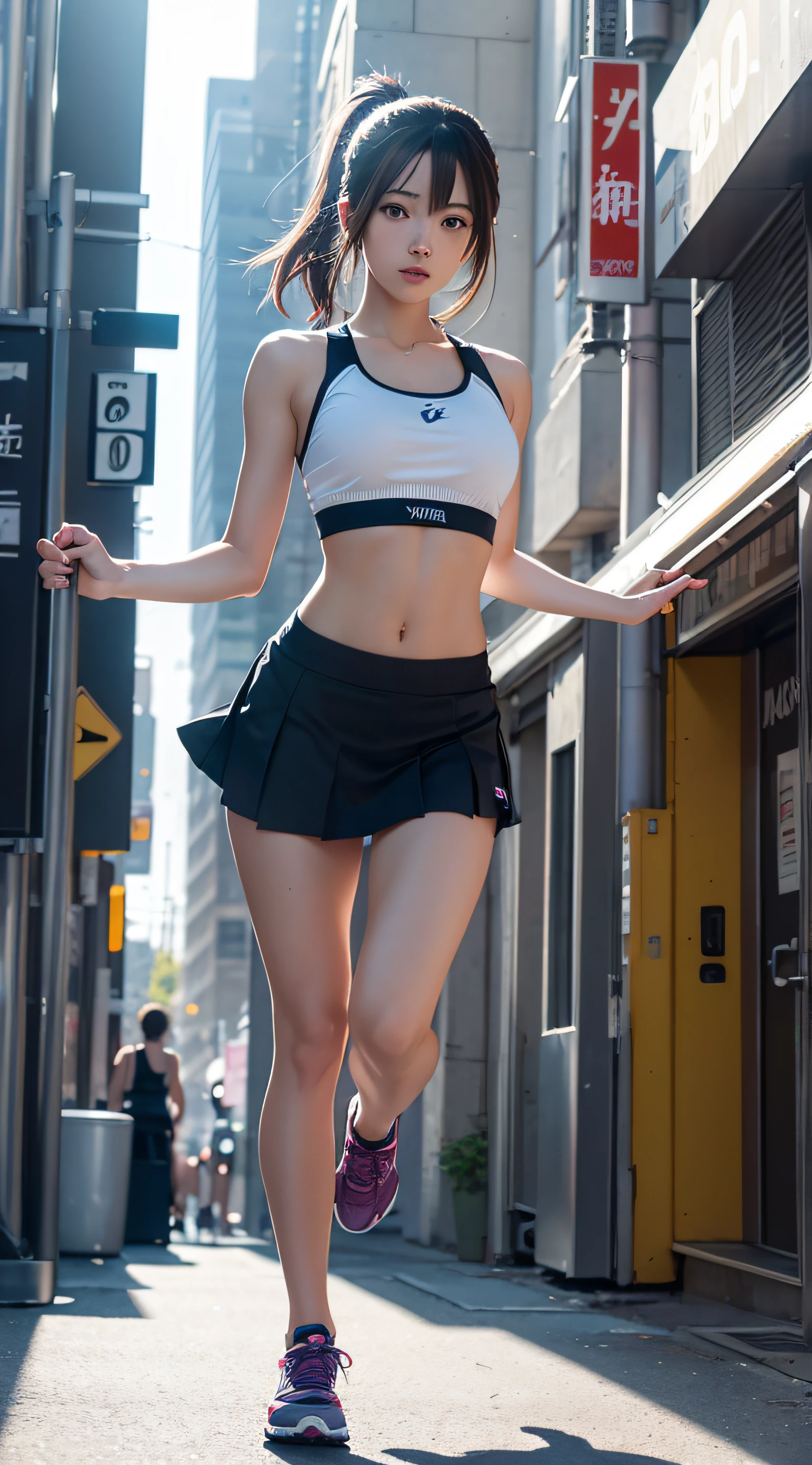 Envision a vibrant scene where an energetic anime girl takes to the streets in a spirited jog, wearing a stylish sports bra and a flouncy short skirt. The creative lighting style enhances the dynamic atmosphere, casting a captivating glow on her as she moves with determination. Meticulously detailed and rendered in astonishing 10k high resolution, this artwork seamlessly blends the art mediums of digital painting, motion capture, and street photography. Drawing inspiration from the styles of Anime, Realism, and Urban Contemporary, it portrays the vivacity and confidence of an anime girl embracing her fitness journey amidst the bustling streets, with her short skirt adding a touch of flair and youthful charm.