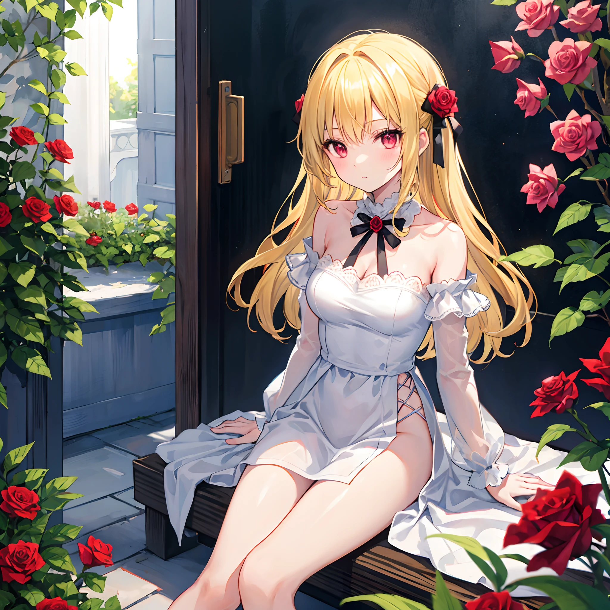 Wavy blonde、red eyes、Beautiful girl alone、The bikini、gravure、sitting on、rose garden、Bouquet of roses、Gentle expression