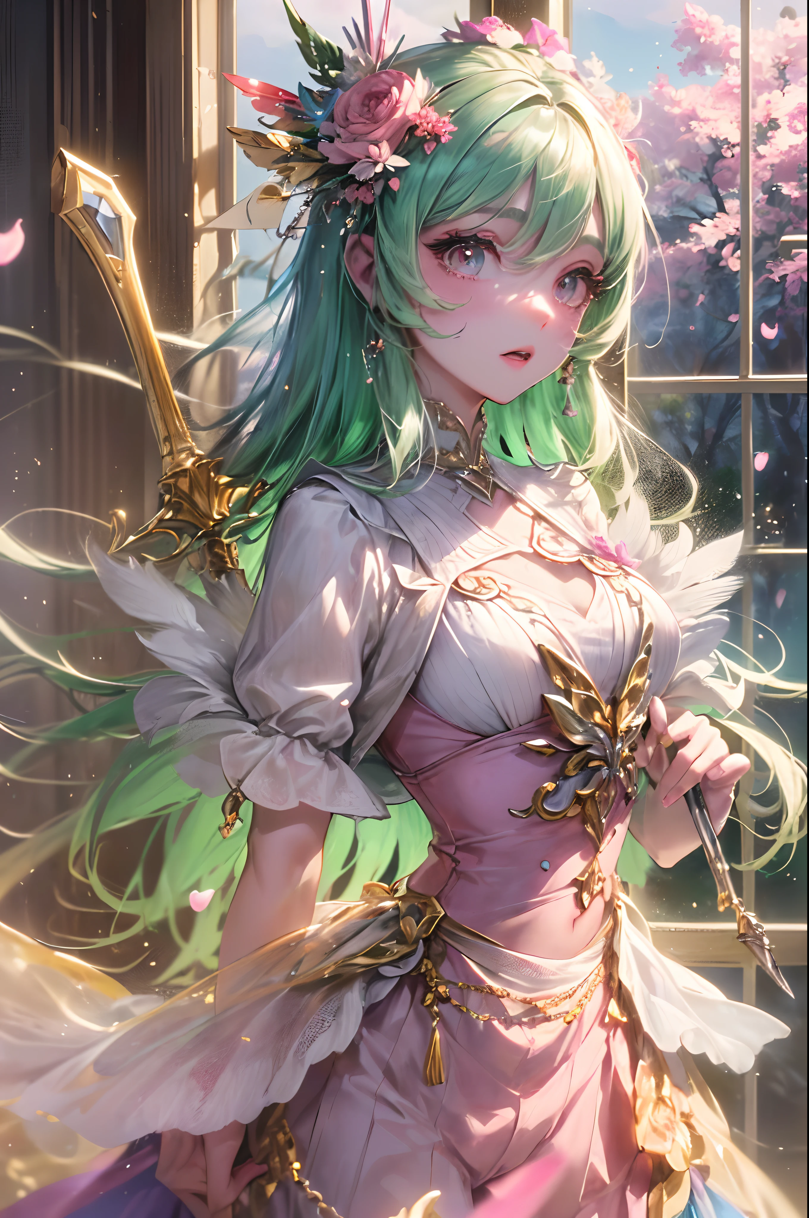 (Very detailed 8k high-quality CG wallpaper, the highest level of work, maximum use of equipment, the most delicate description and strong experience) + 

("Sweet and alluring" slime monsters, young demon body and proud figure "mysterious and classical beauty", [the color and material layers of the base are diverse]-> transformed into a woman, colorful feather decorations and feminine design of swords, fresh and comfortable forest environment, pleasant pink clouds in the evening sky, round and bright water droplets, fluttering petals and breezy leaves, light and shadow blended into the subject's feeling, "all elements are just right") = > 

"A picture of looking through the window of time at the good times"