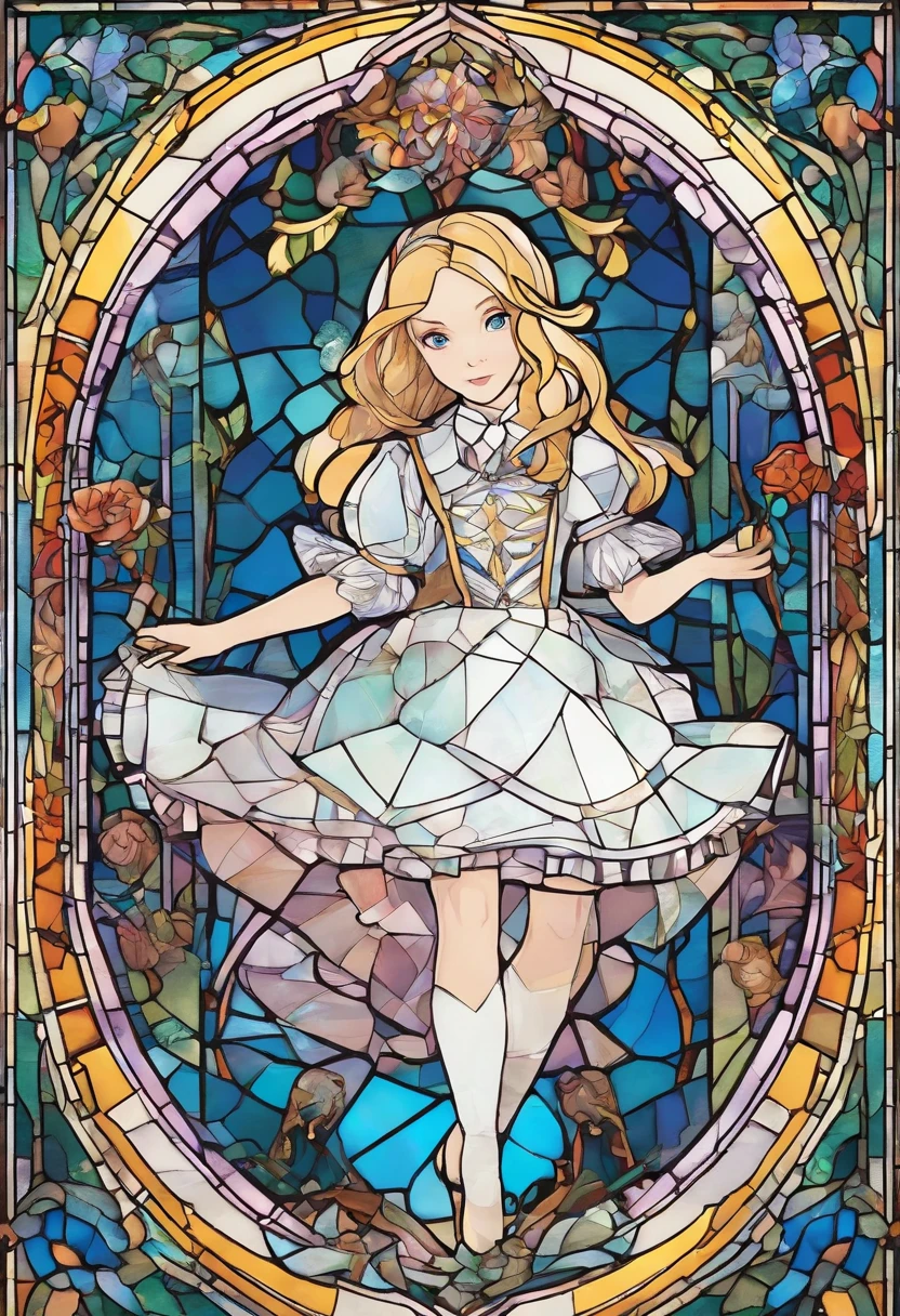 Alice in Wonderland、1little girl、Rabbit in a suit、 Sil Off from Isometric Anime,stain glass, On White Background、Geometric composition、Masterpiece、medieval times、mystical、